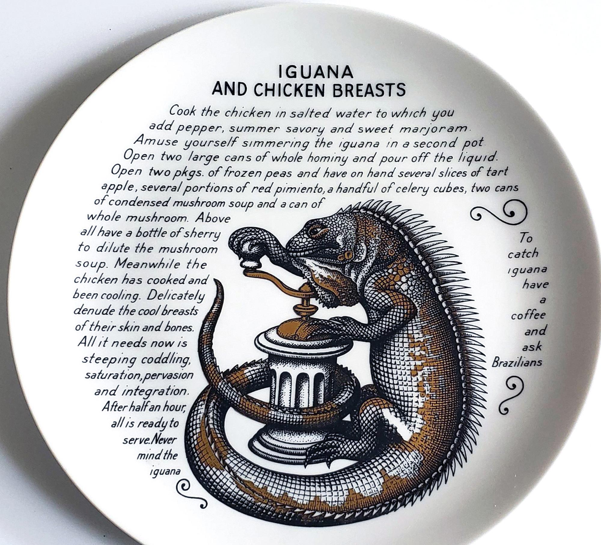 Mid-Century Modern Piero Fornasetti Fleming Joffe Porcelain Recipe Plate- Iguana and Chicken Breast For Sale