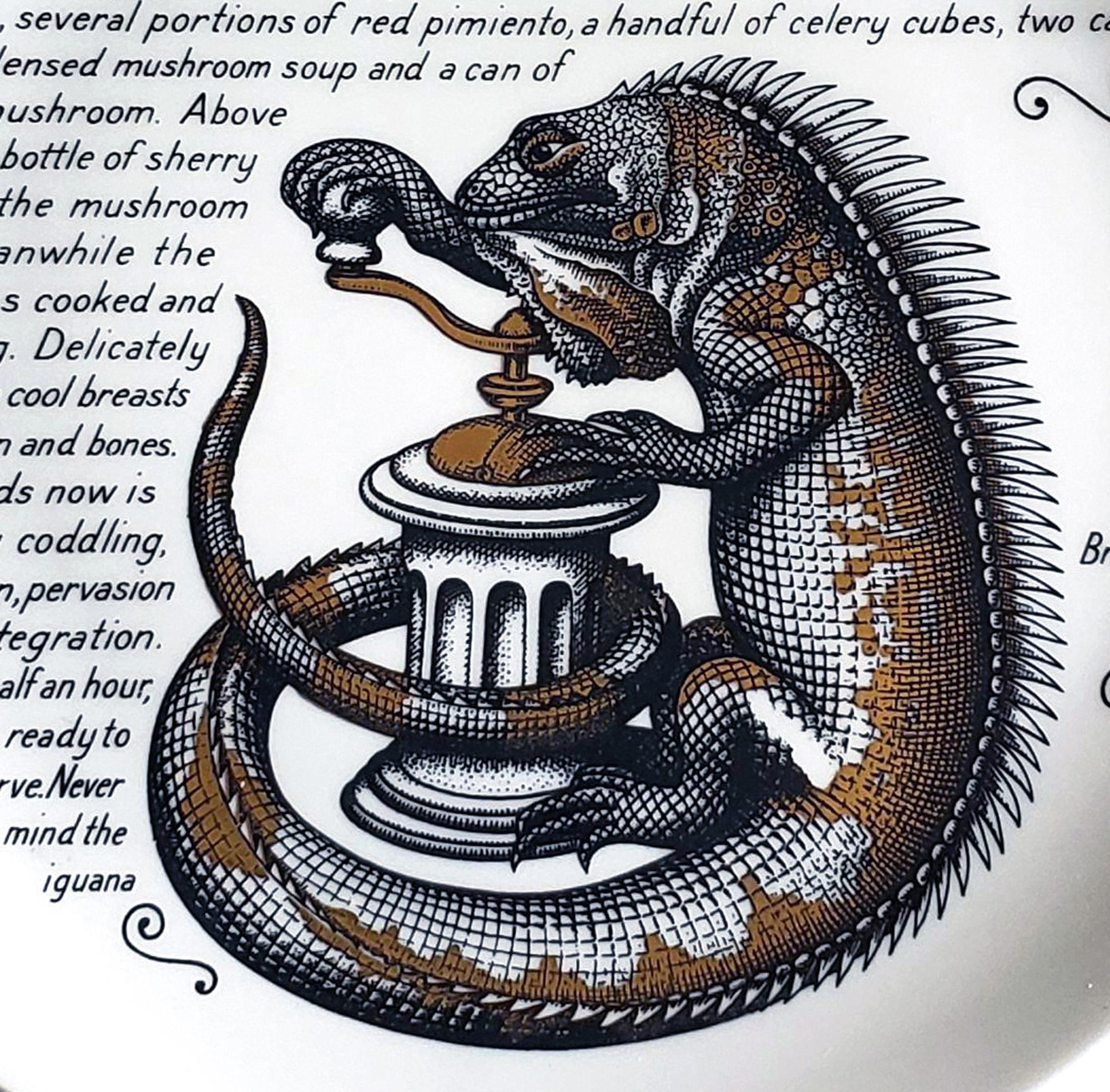 Italian Piero Fornasetti Fleming Joffe Porcelain Recipe Plate- Iguana and Chicken Breast For Sale
