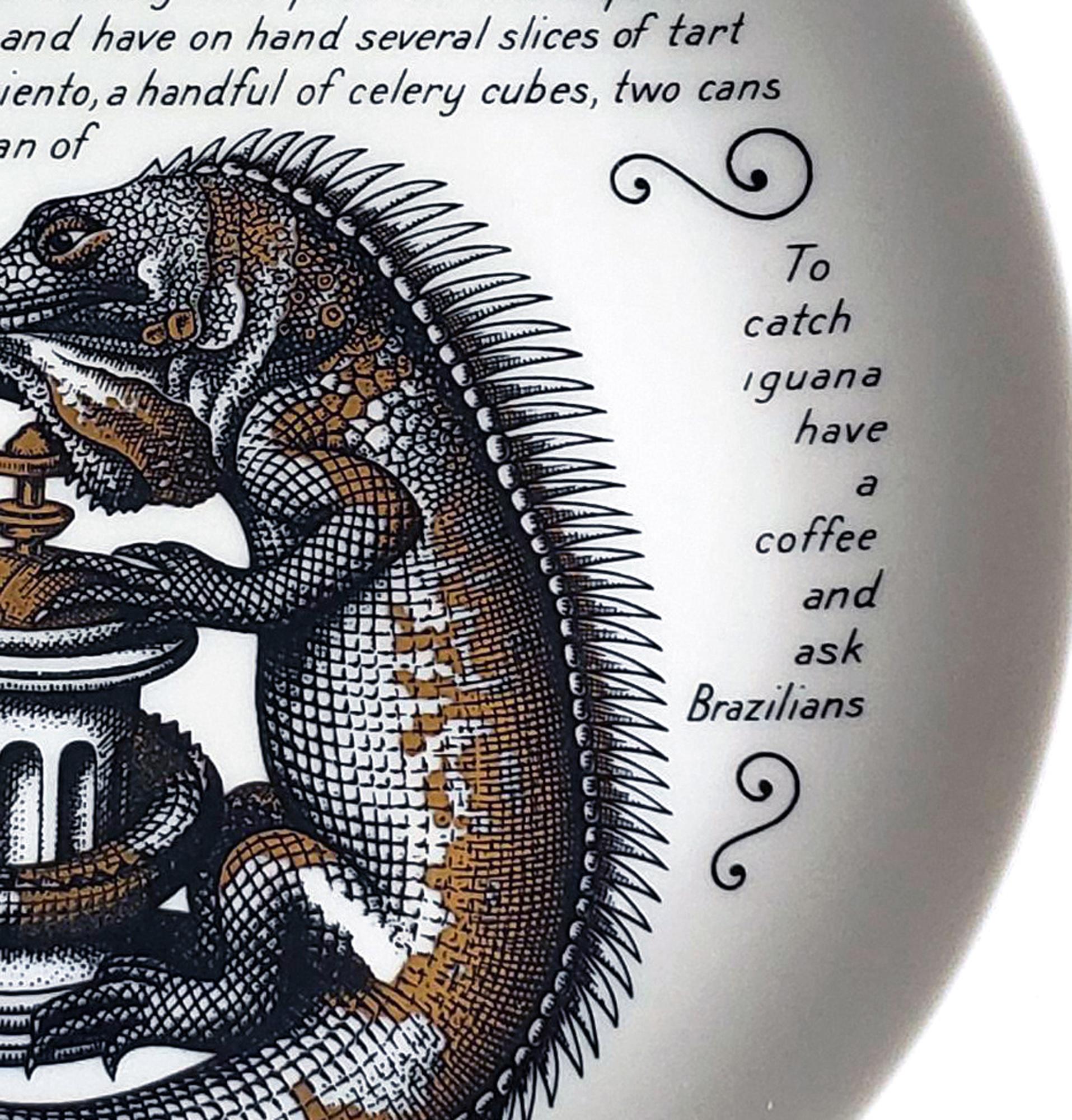 Piero Fornasetti Fleming Joffe Porcelain Recipe Plate- Iguana and Chicken Breast In Good Condition For Sale In Downingtown, PA