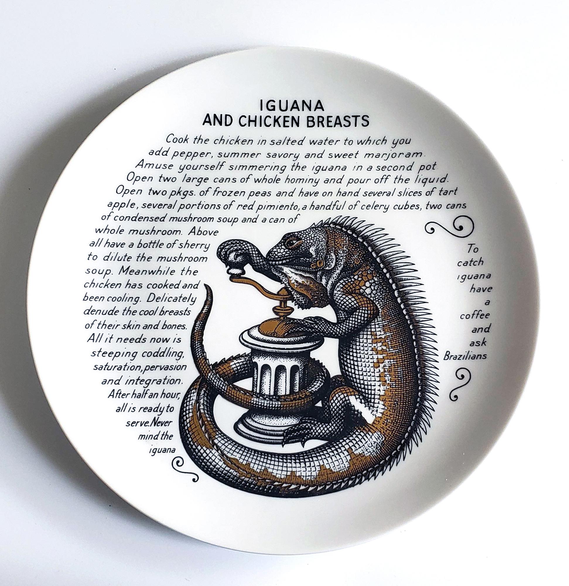 Piero Fornasetti Fleming Joffe Porcelain Recipe Plate- Iguana and Chicken Breast For Sale 1