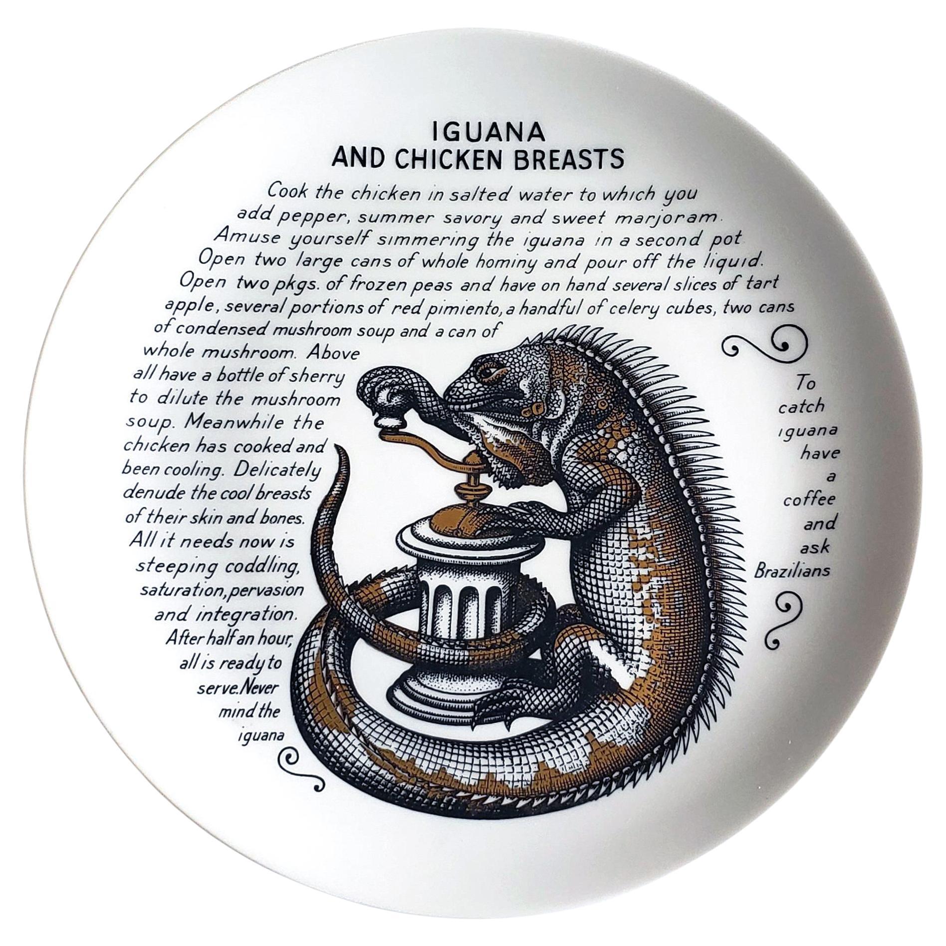 Piero Fornasetti Fleming Joffe Porcelain Recipe Plate- Iguana and Chicken Breast For Sale