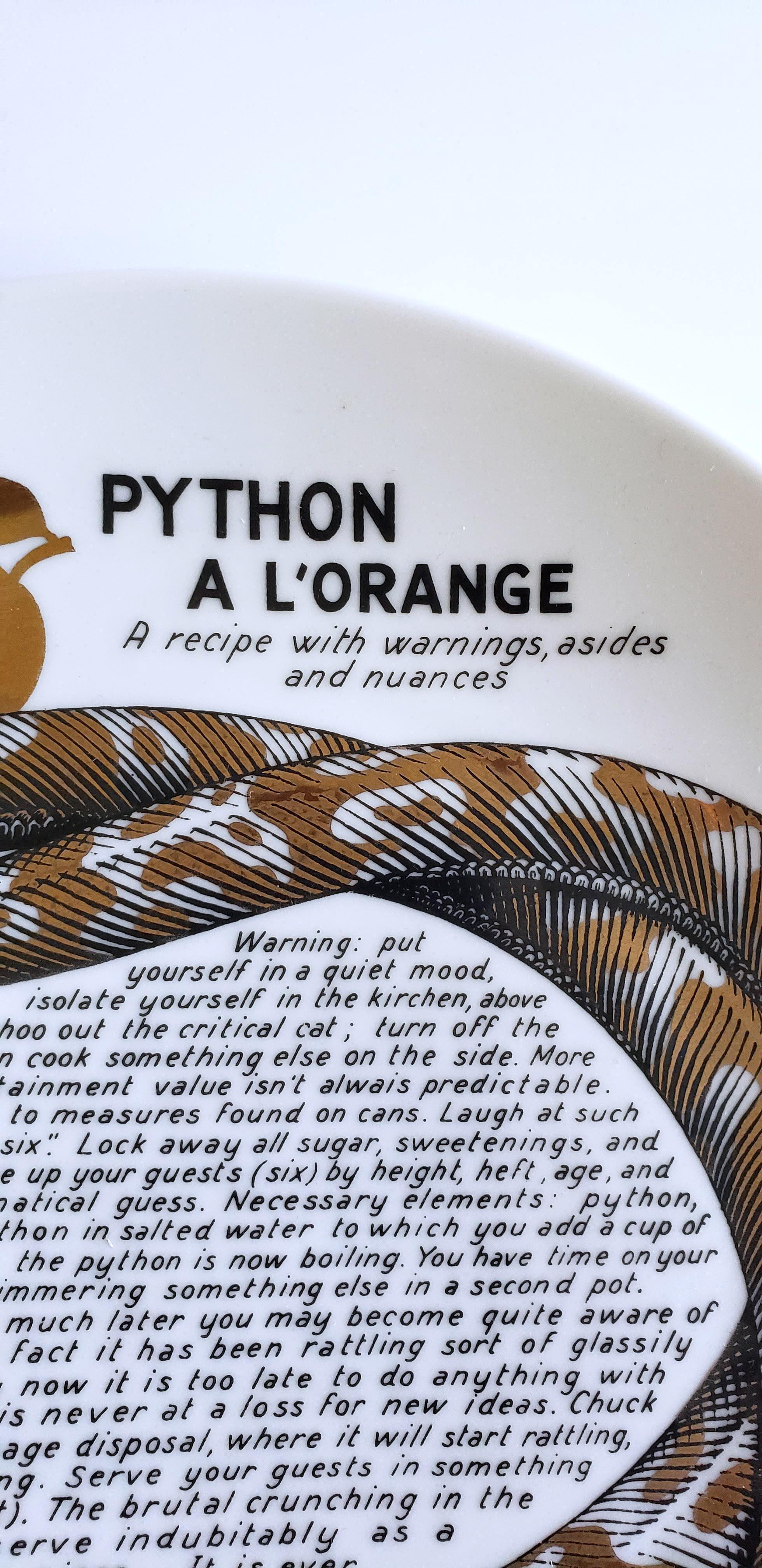 Piero Fornasetti Fleming Joffe Porcelain Recipe Plate, Python a La Orange In Good Condition In Downingtown, PA