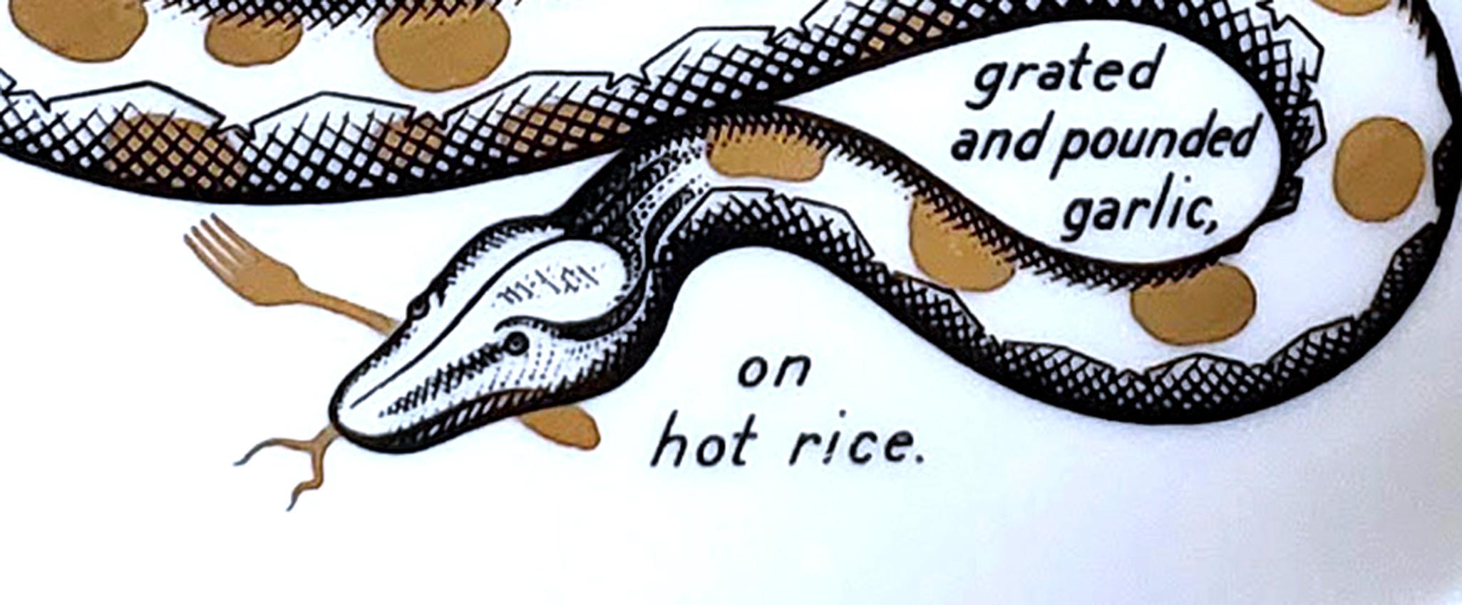 Mid-Century Modern Piero Fornasetti Fleming Joffe Porcelain Recipe Plate, Snake a la Cleopatra For Sale