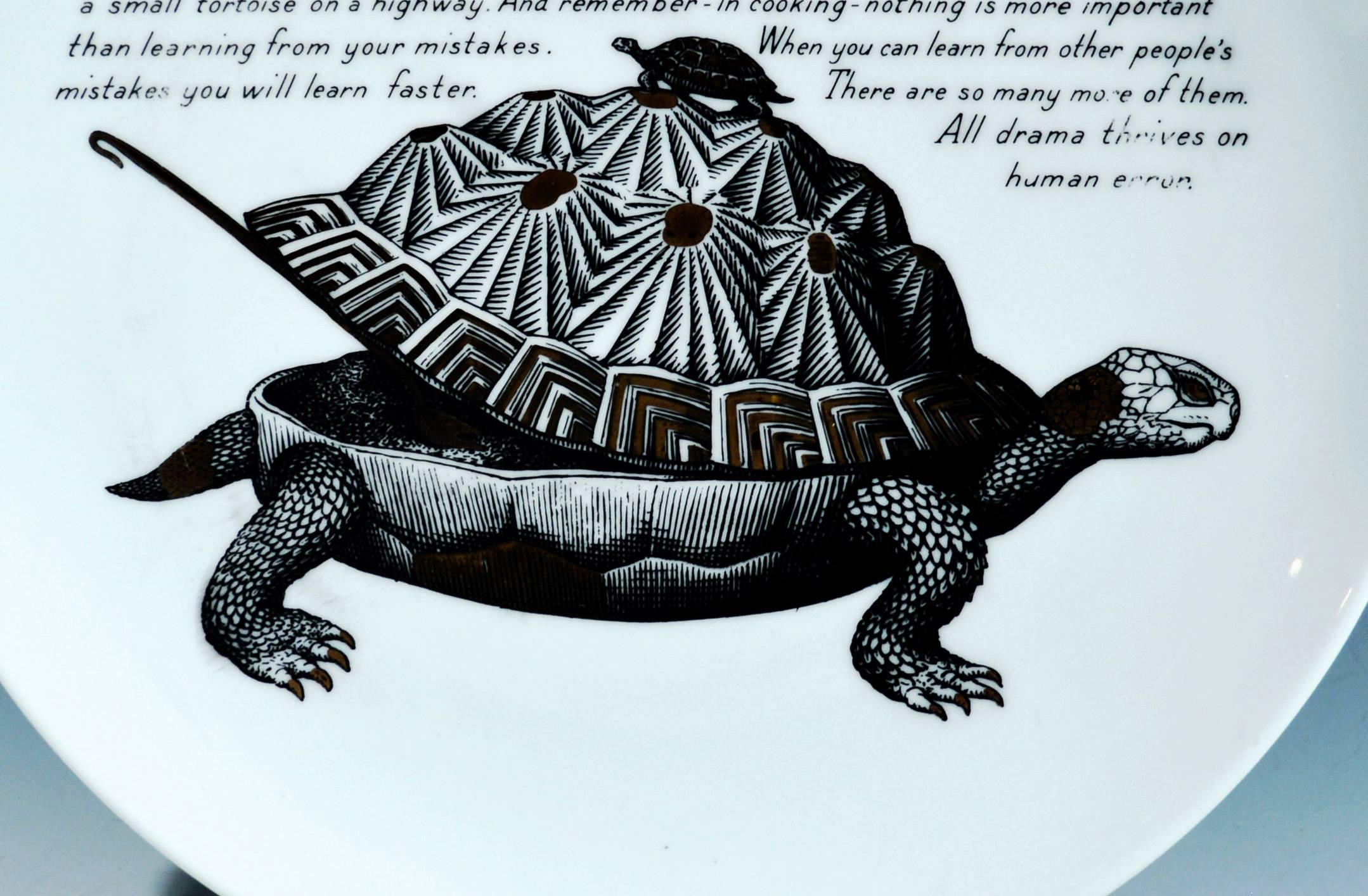 Piero Fornasetti Fleming Joffe recipe plate,
Tortoise Risotto, 
1960s.

This rare Piero Fornasetti plate is from a series of 14 made for the Fleming Joffe company in New York City. I have handled this series for many years and the Tortoise