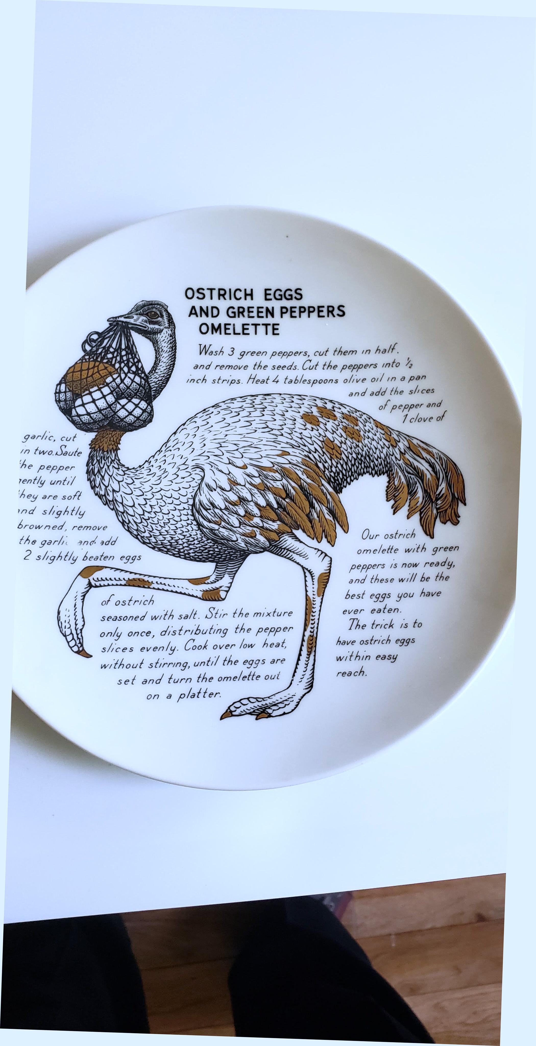 Piero Fornasetti Fleming Joffe Recipe Plate Ostrich & Chicken Breasts In Good Condition In Downingtown, PA