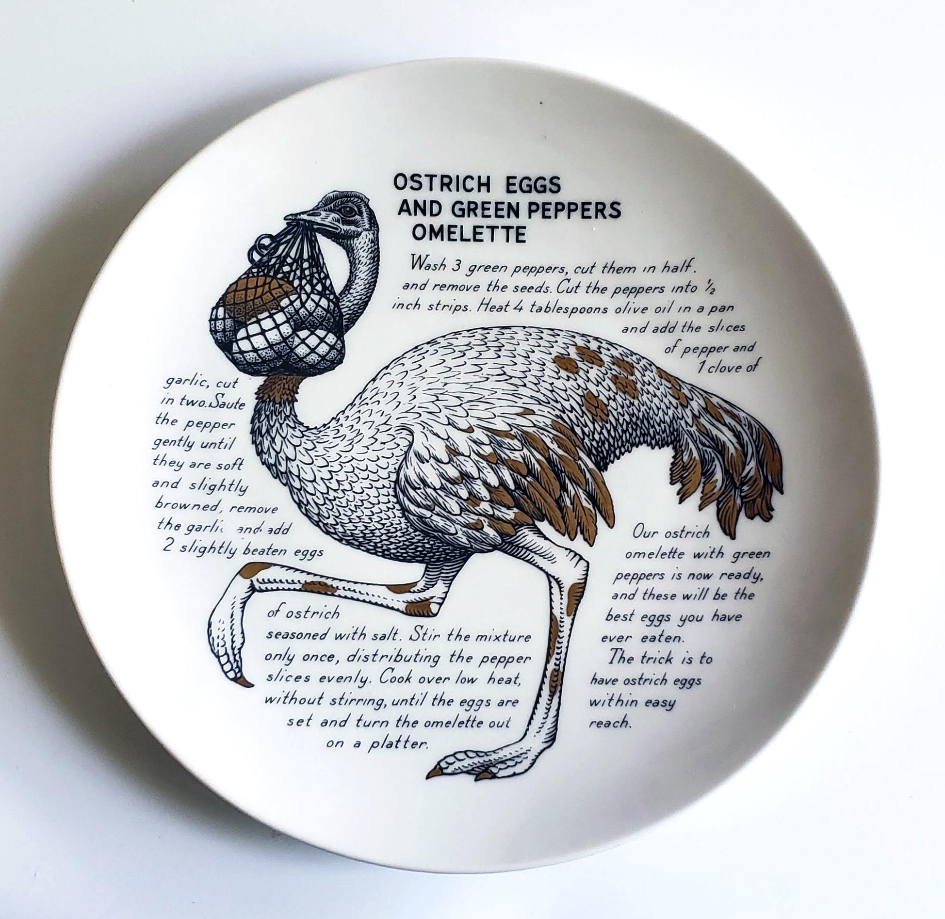 Porcelain Piero Fornasetti Fleming Joffe Recipe Plate Ostrich & Chicken Breasts