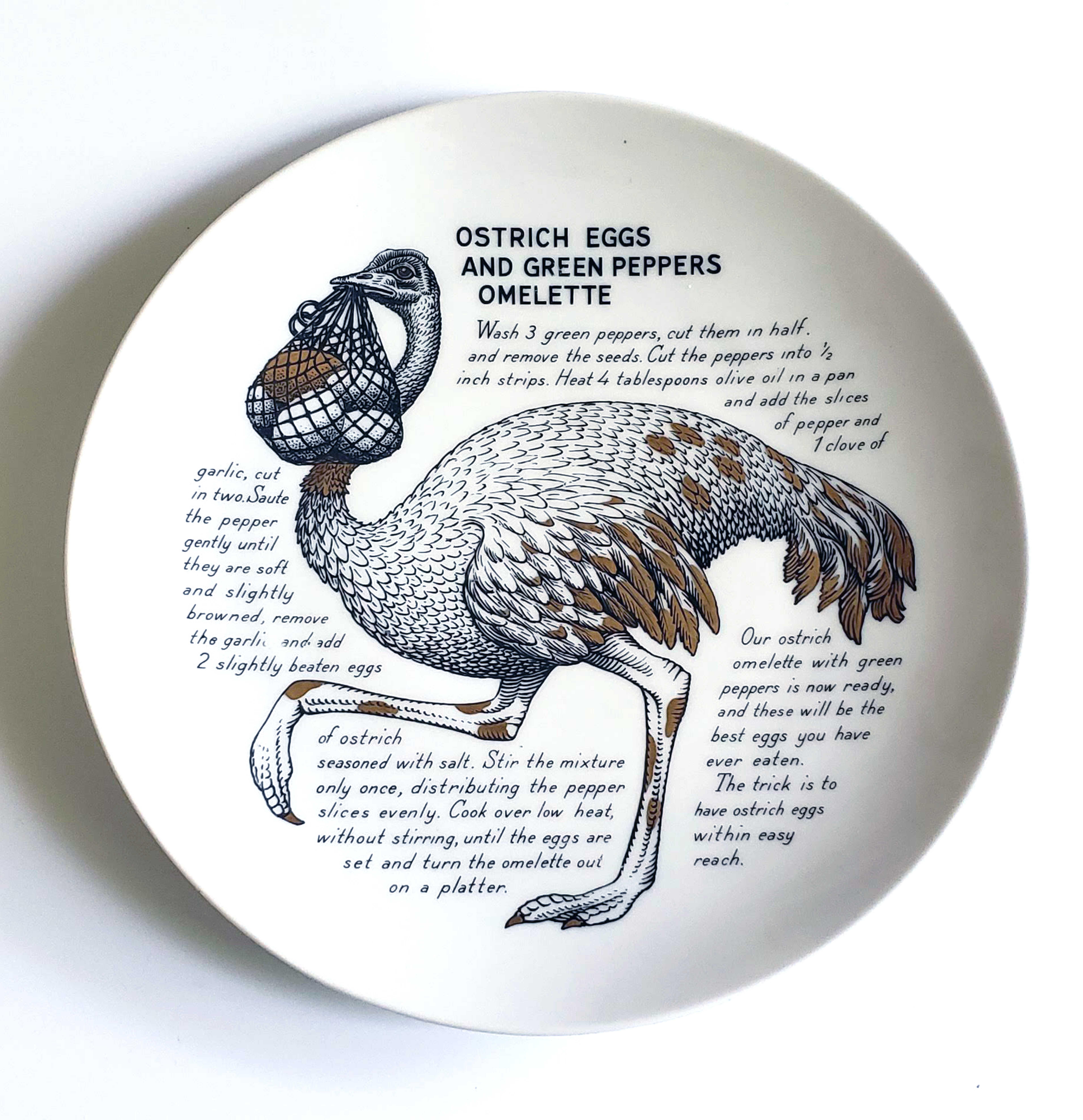 Piero Fornasetti Fleming Joffe porcelain Recipe plate,
Ostrich & Chicken Breasts,
1960s-1974.

This rare Piero Fornasetti porcelain plate is from a series of fourteen made for the Fleming Joffe company in New York City.

 The Fleming Joffe