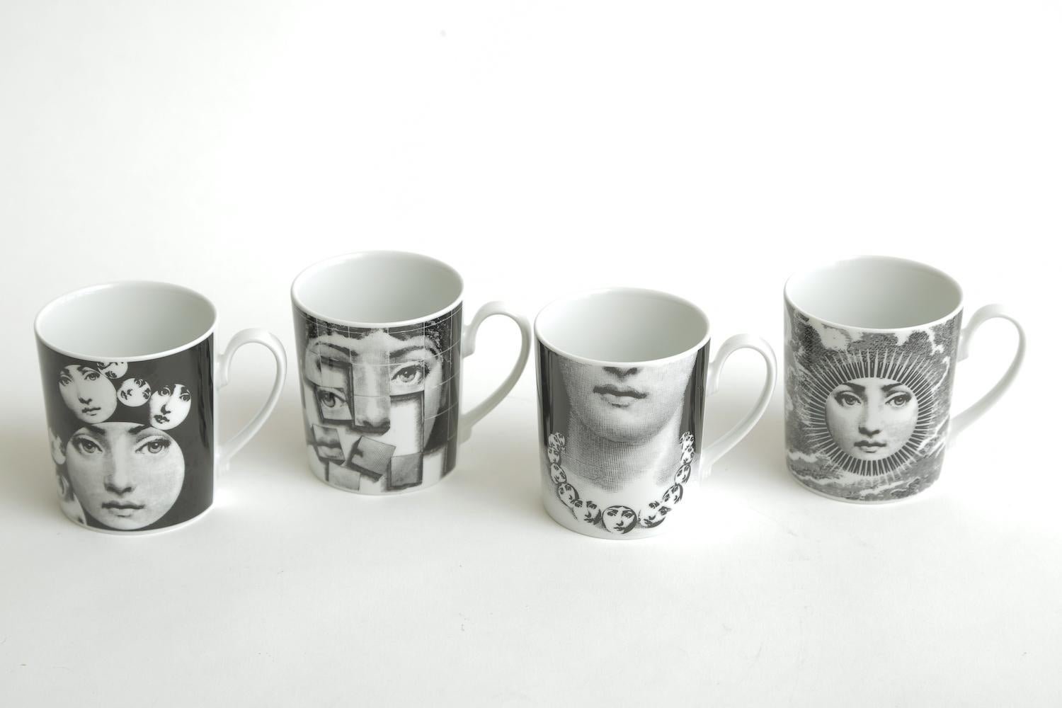 Modern Piero Fornasetti for Rosenthal Lina Porcelain Coffee or Tea Mugs Vintage Set /4