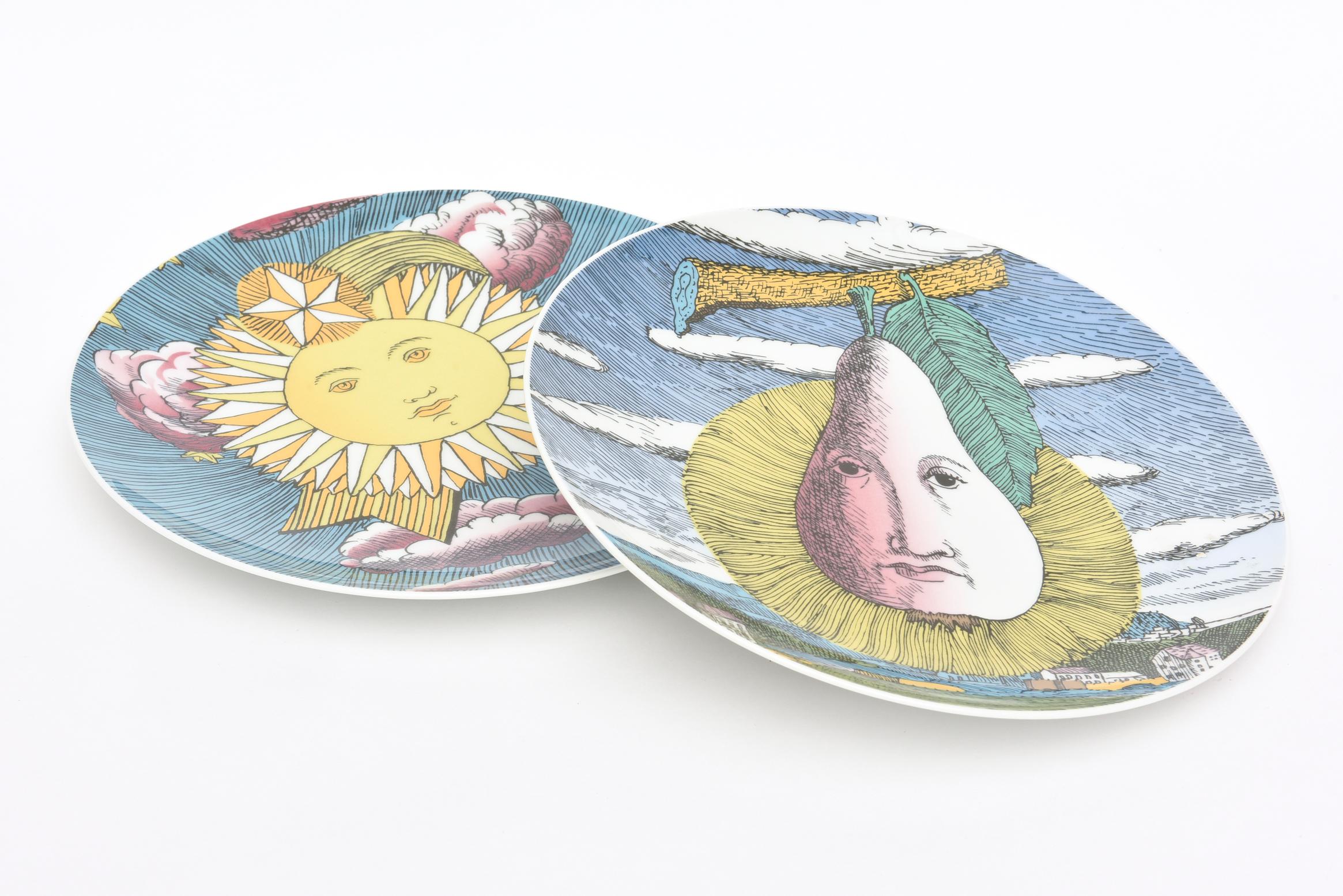 Modern Piero Fornasetti for Rosenthal Mesi and Soli Porcelain Plates Pair of Vintage