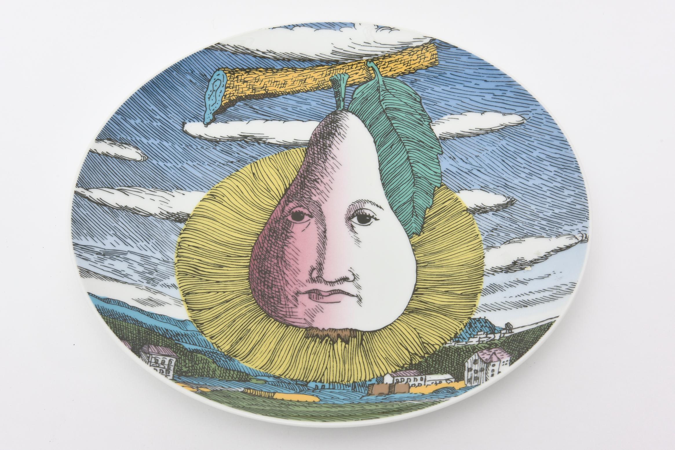 German Piero Fornasetti for Rosenthal Mesi and Soli Porcelain Plates Pair of Vintage
