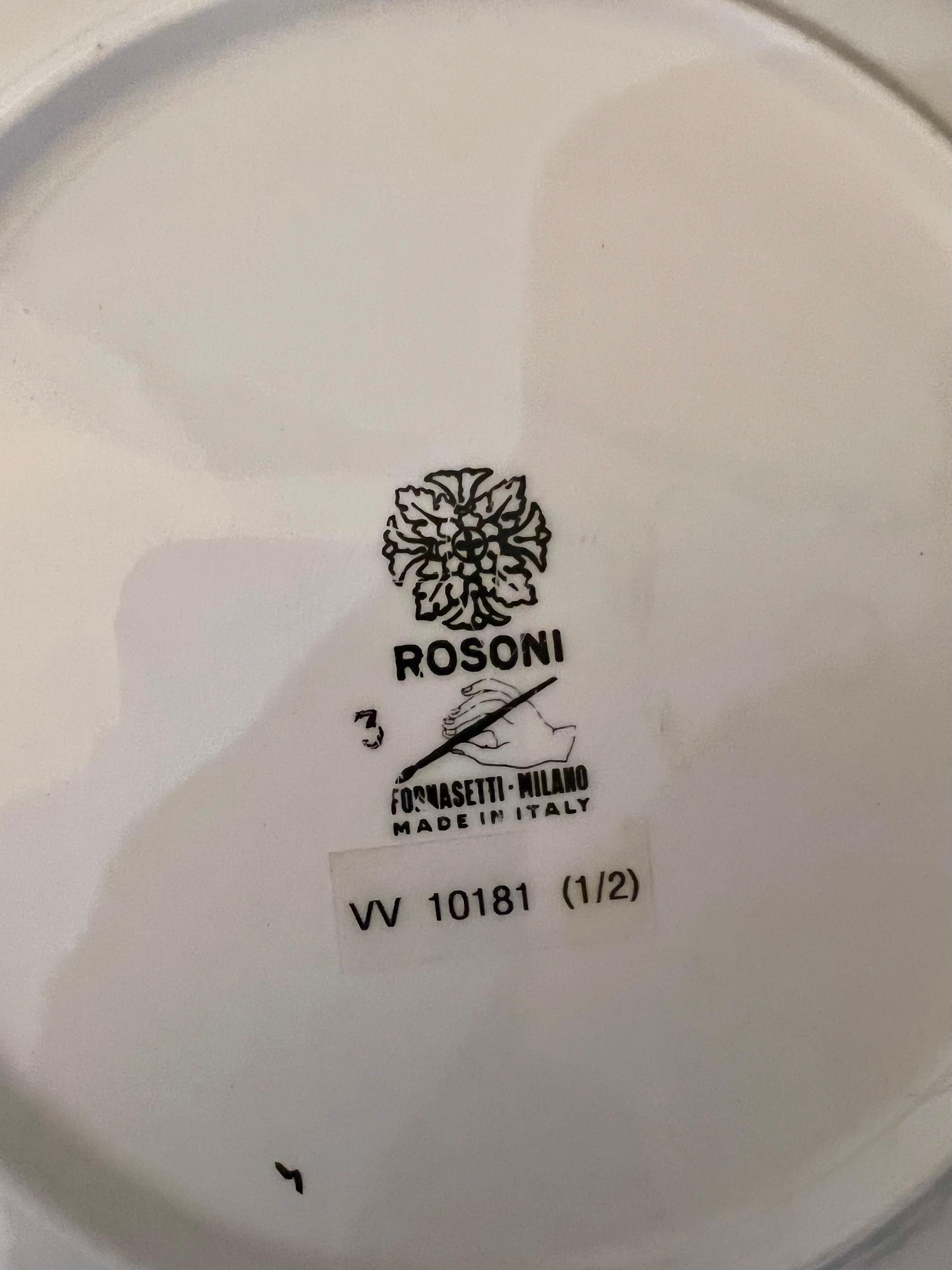 Vintage Rare Piero Fornasetti Rosoni Pattern porcelain plate,
1960s.

The dramatic plates depict a large flower-head on a gilt ground. This pattern is number 3 in series.


Reference: Illustrated Fornasetti: The Complete Universe, Barnaba Fornasetti