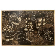 Piero Fornasetti Framed Decorative Wall Panel "Mappamondi e Navi" Circa 1950s