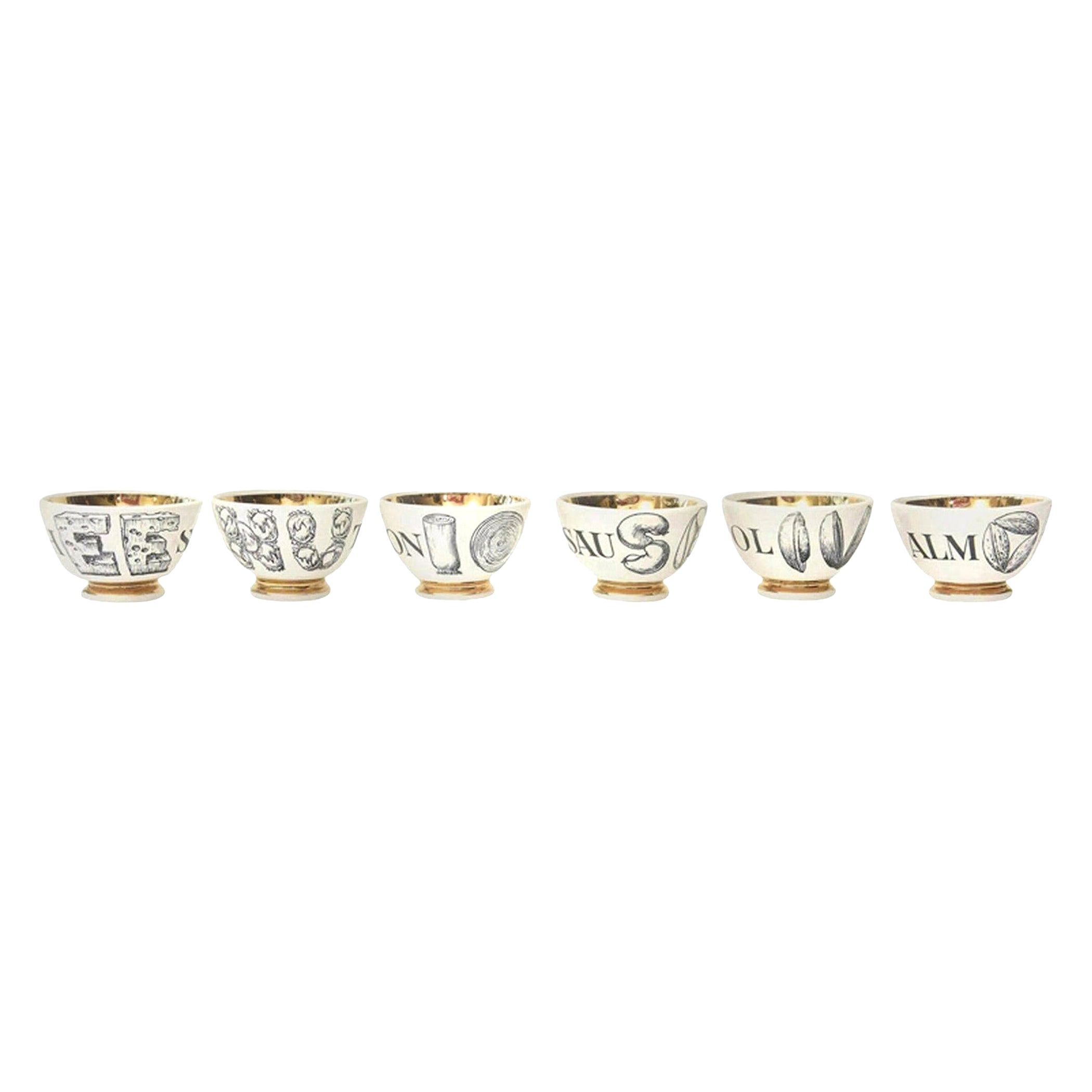 Piero Fornasetti Gilded Porcelain Appetizer Bowls Barware Set Of 6, 1960's
