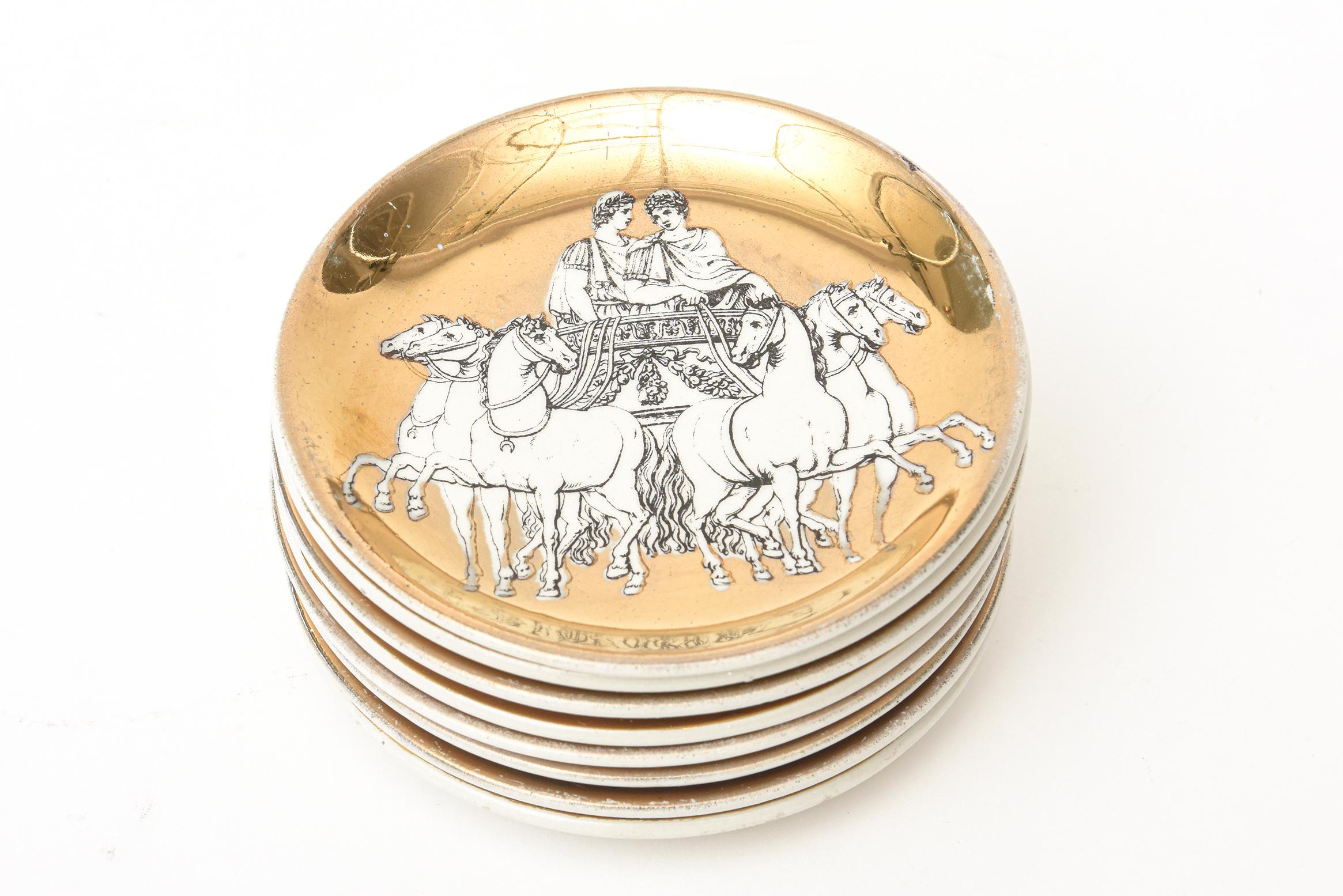 Gold Piero Fornasetti Gilded Porcelain Chariot Coasters or Nut Dishes Vintage Barware