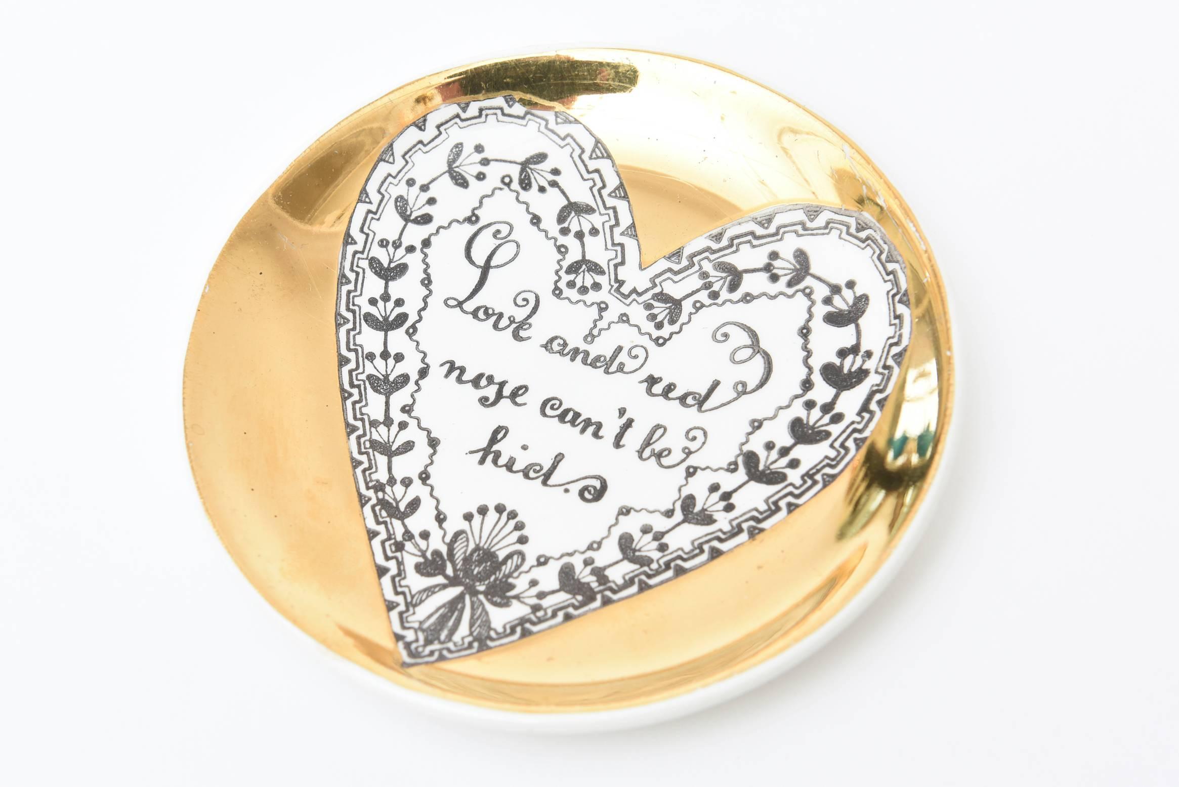 Classical Roman Piero Fornasetti Vintage Gilded Porcelain Love Heart Coasters Barware Set of 6