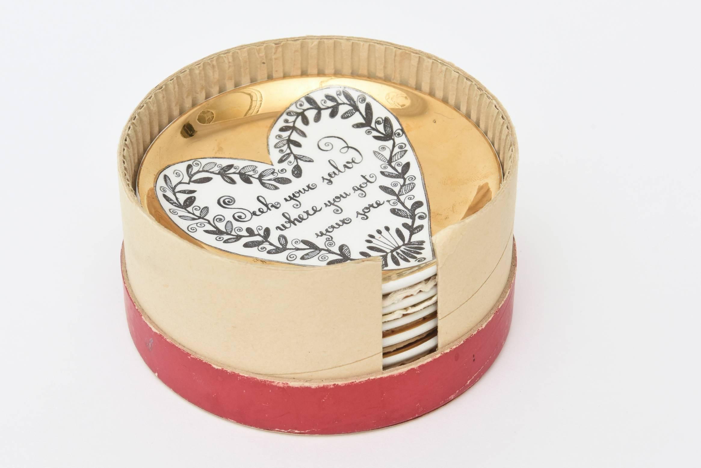 Piero Fornasetti Vintage Gilded Porcelain Love Heart Coasters Barware Set of 6 1