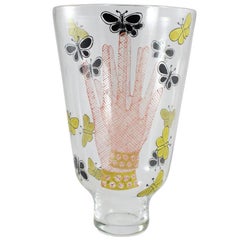 Piero Fornasetti Glass Vase Titled 'Mani Con Farfalle', Hands with Butterflies