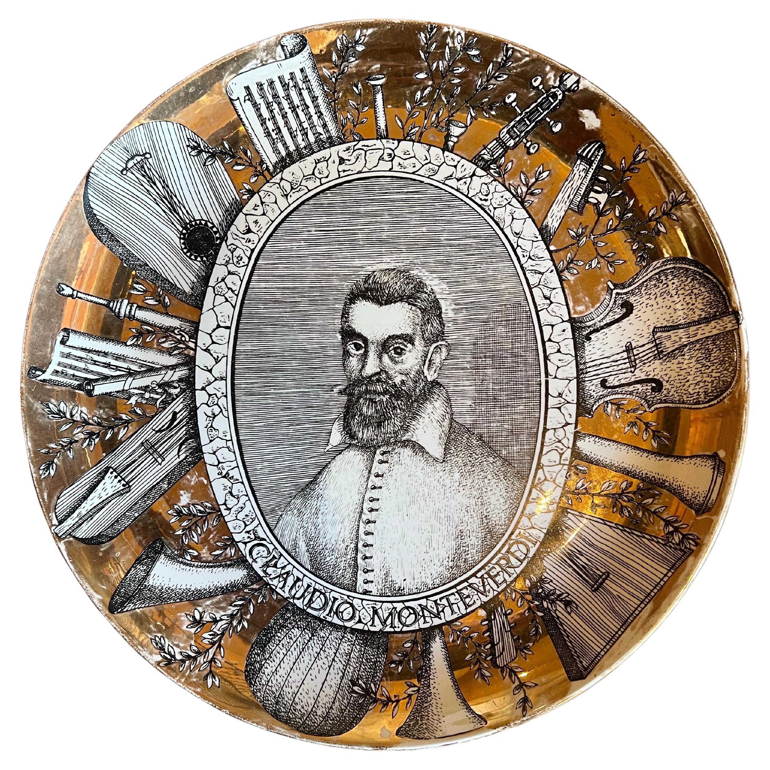 Piero Fornasetti Grandi Maestri Gilt Porcelain Plate Monteverdi Portrait Italy