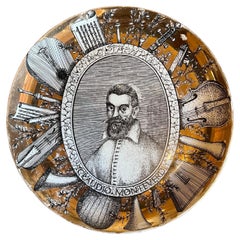 Piero Fornasetti Grandi Maestri Gilt Porcelain Plate Monteverdi Portrait Italy