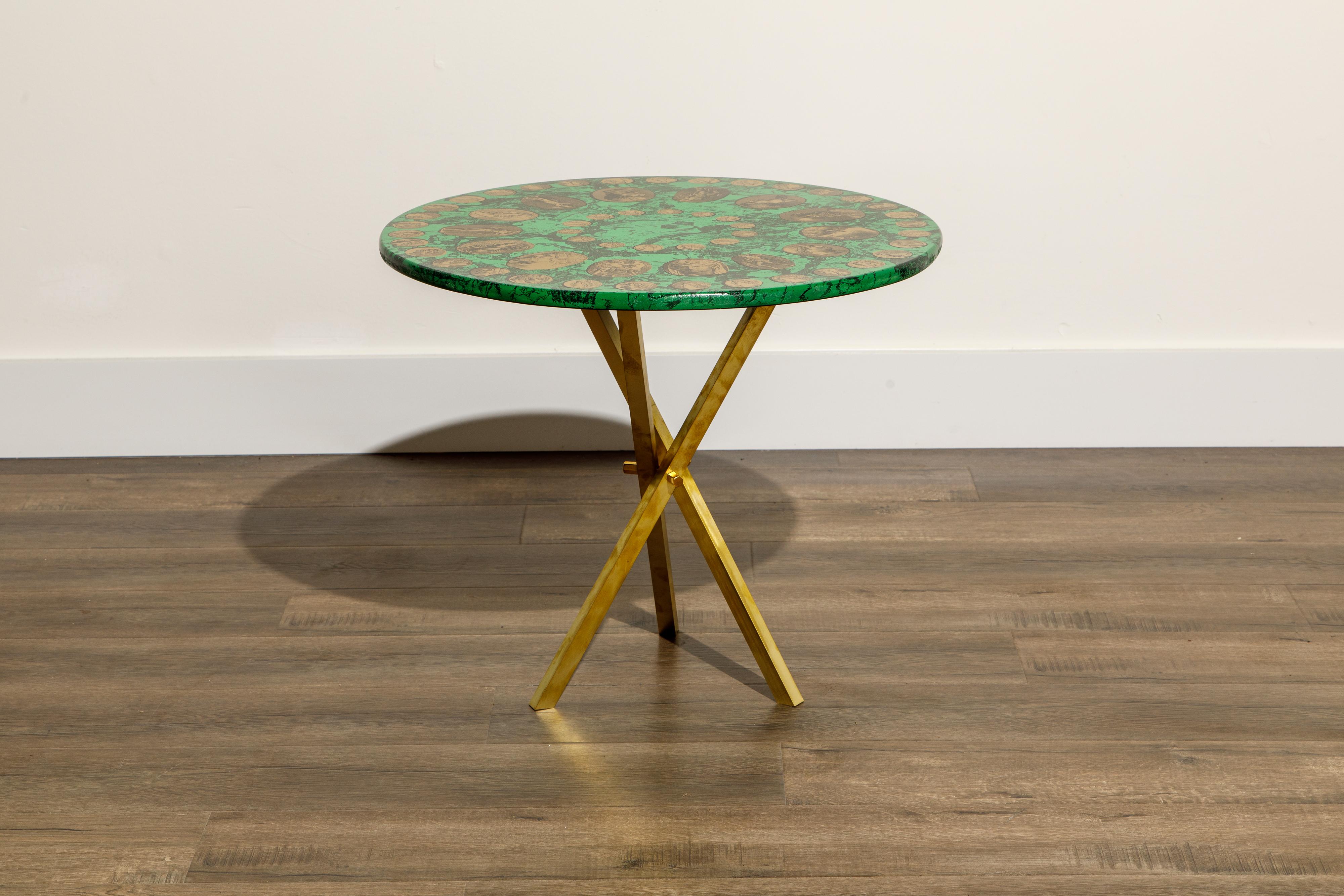 Mid-Century Modern  Piero Fornasetti Green and Gold 'Cammei' Side Table, circa 1970s, Signed 