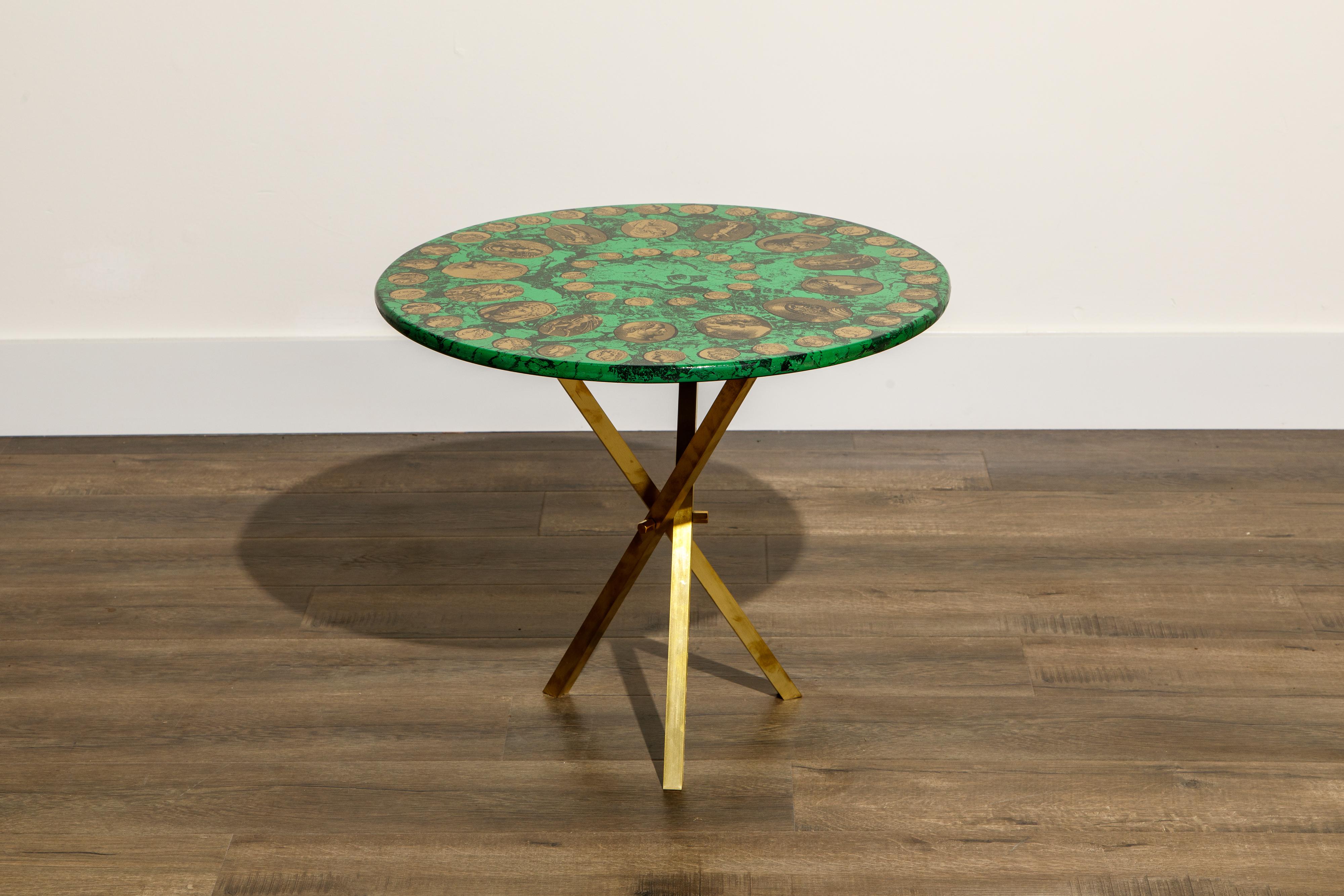 Italian  Piero Fornasetti Green and Gold 'Cammei' Side Table, circa 1970s, Signed 