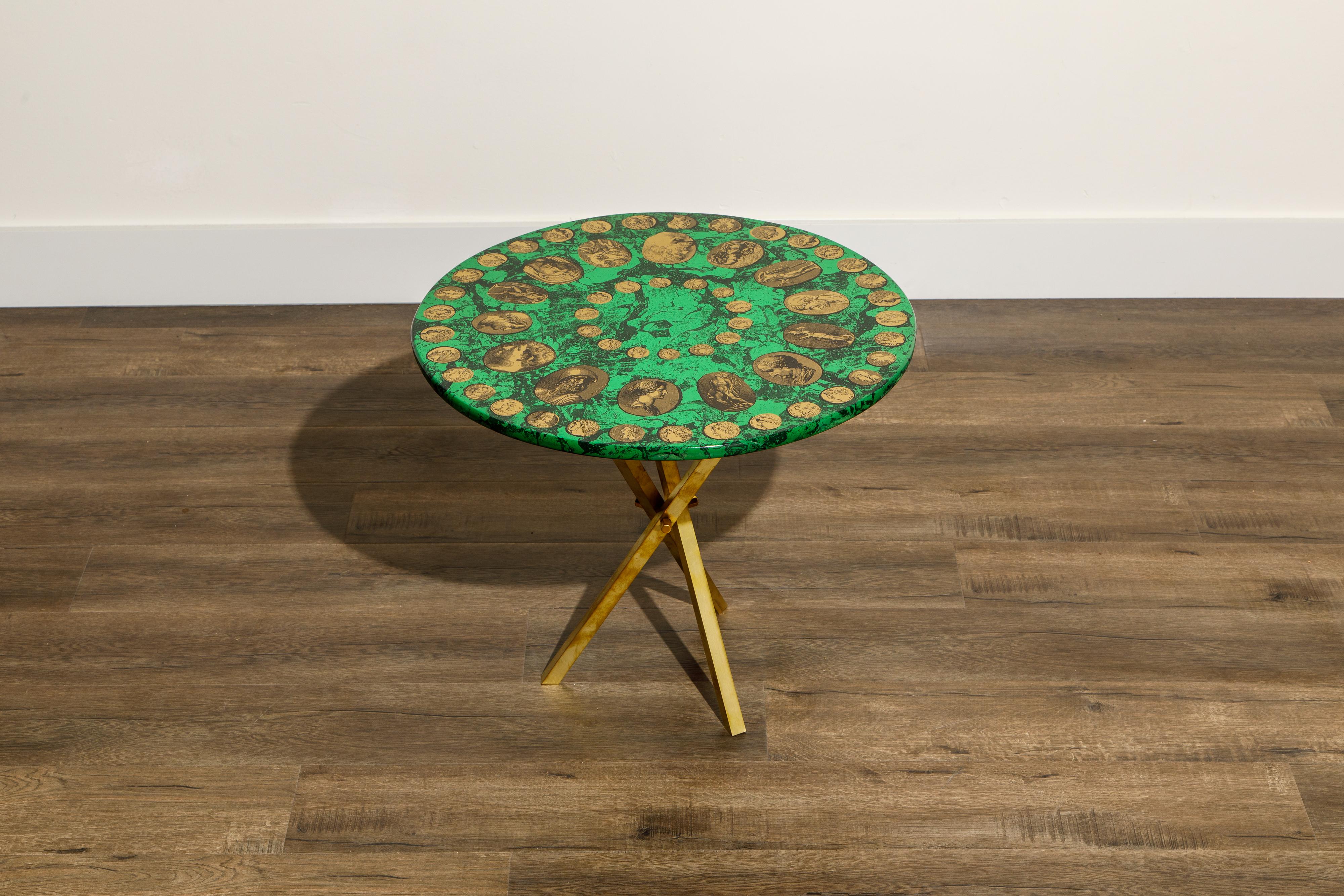 Lacquered  Piero Fornasetti Green and Gold 'Cammei' Side Table, circa 1970s, Signed 