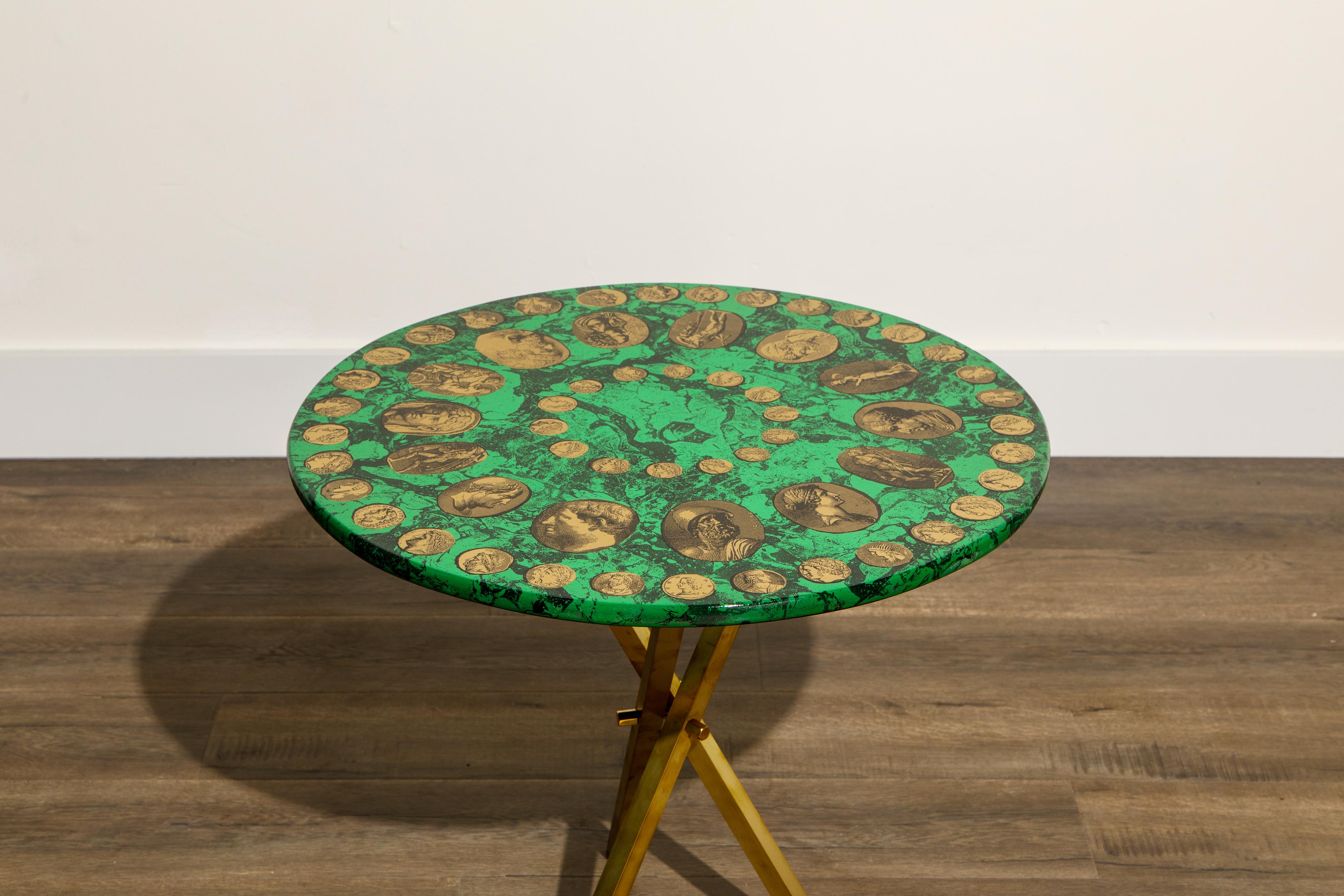  Piero Fornasetti Green and Gold 'Cammei' Side Table, circa 1970s, Signed  In Excellent Condition In Los Angeles, CA