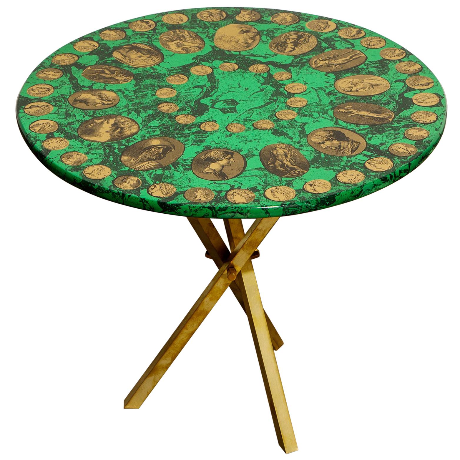 Piero Fornasetti Green and Gold 'Cammei' Side Table, circa 1970s, Signed 