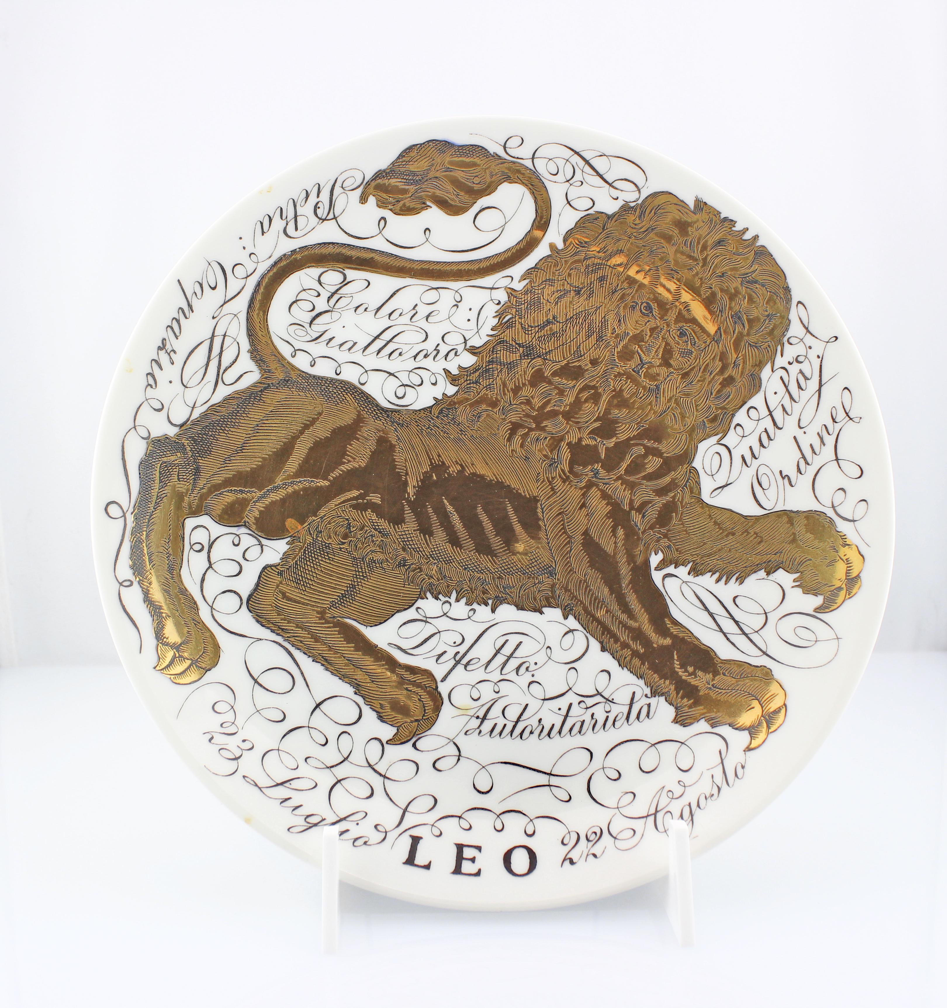 This rare and the most sought after collectibles vintage Piero Fornasetti porcelain lithographically-decorated and hand painted ceramic zodiac plate have a white background with words written in black color expressing the character and personality