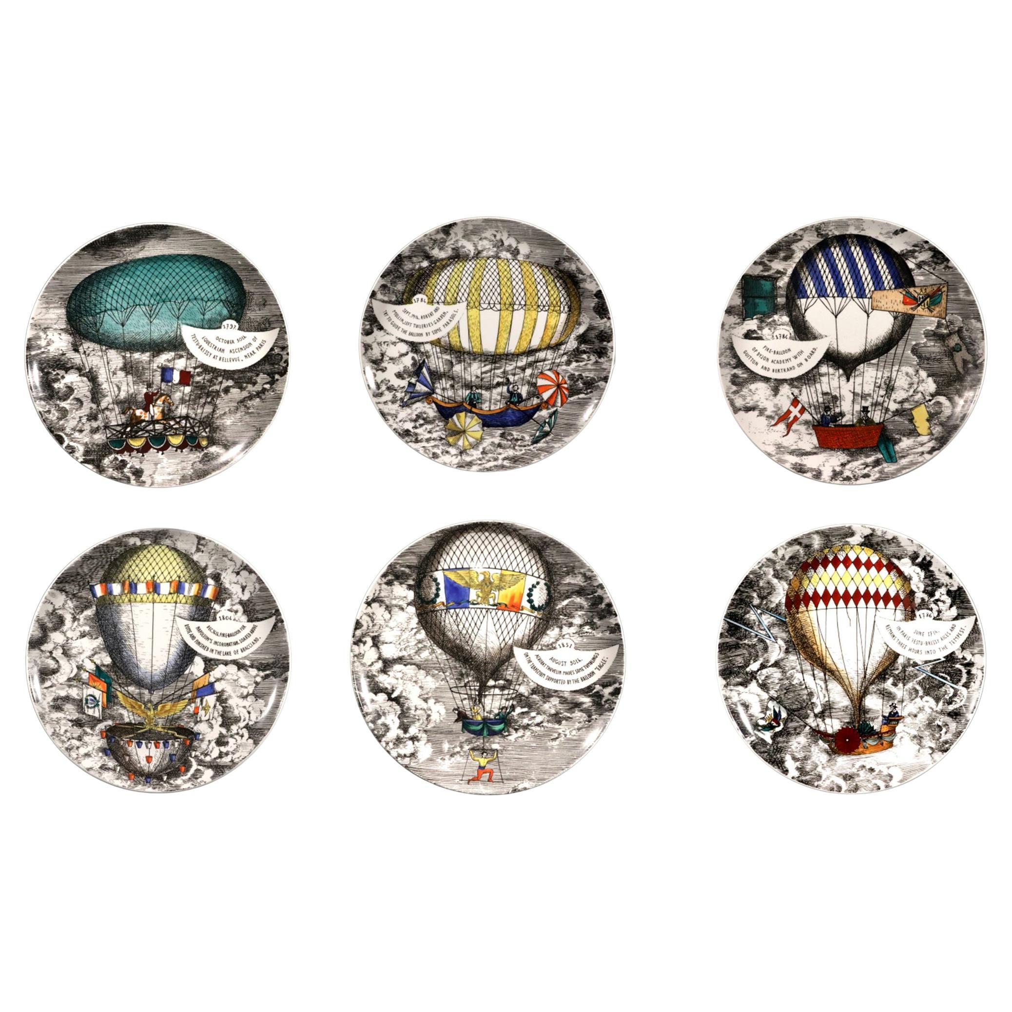 Piero Fornasetti Hot Air Balloon Plates, Mongolfiere Pattern, Set of Six