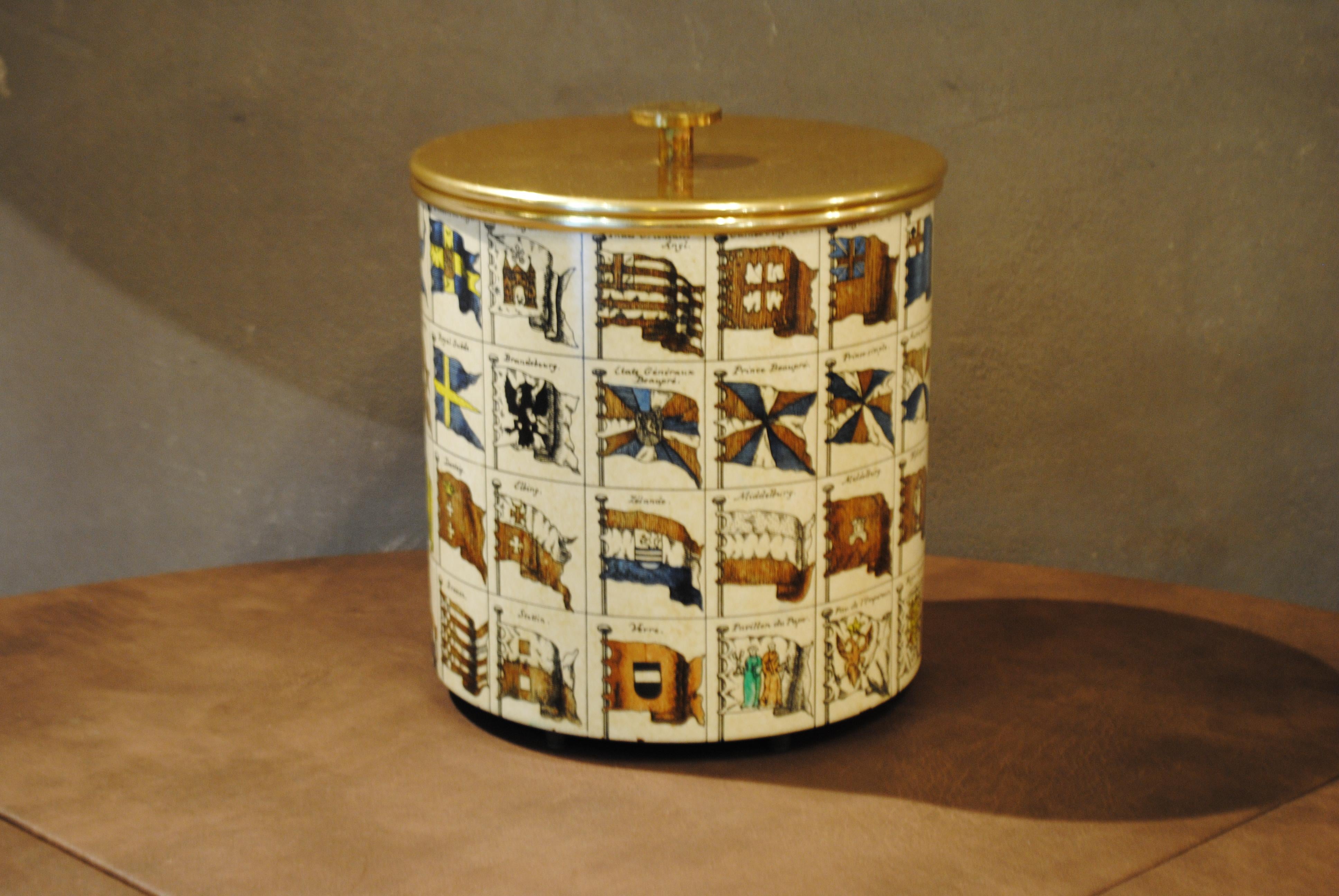 Piero Fornasetti ice box in silk-screened metal and brass.
