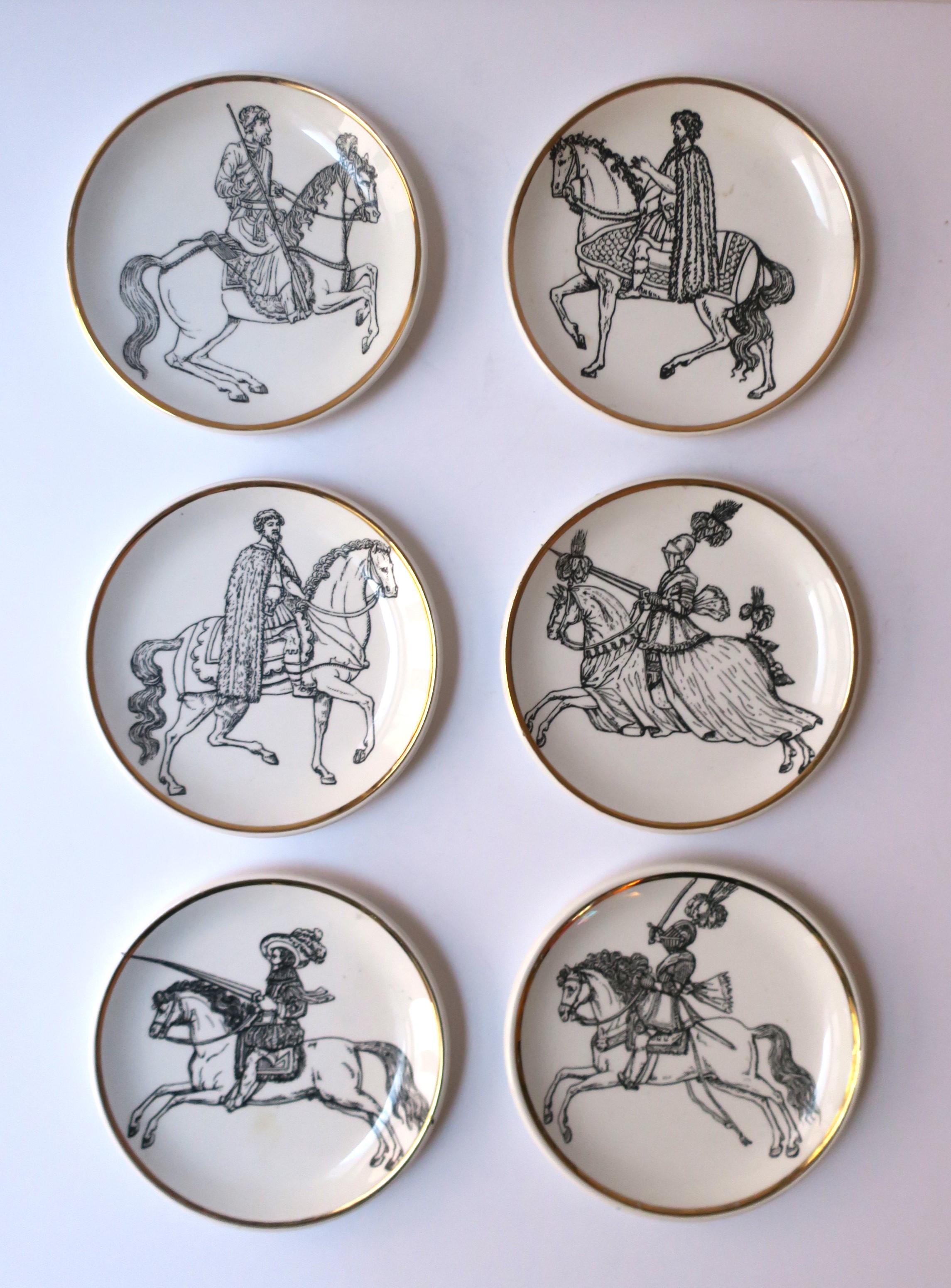 A set of six (6) Italian Piero Fornasetti cocktail drinks coasters 'Cavalieri', Classical Roman style, circa mid-20th century, 1960s, Italy. A set of six in black and white edged in gold, each with a different motif of beautiful horse and man with