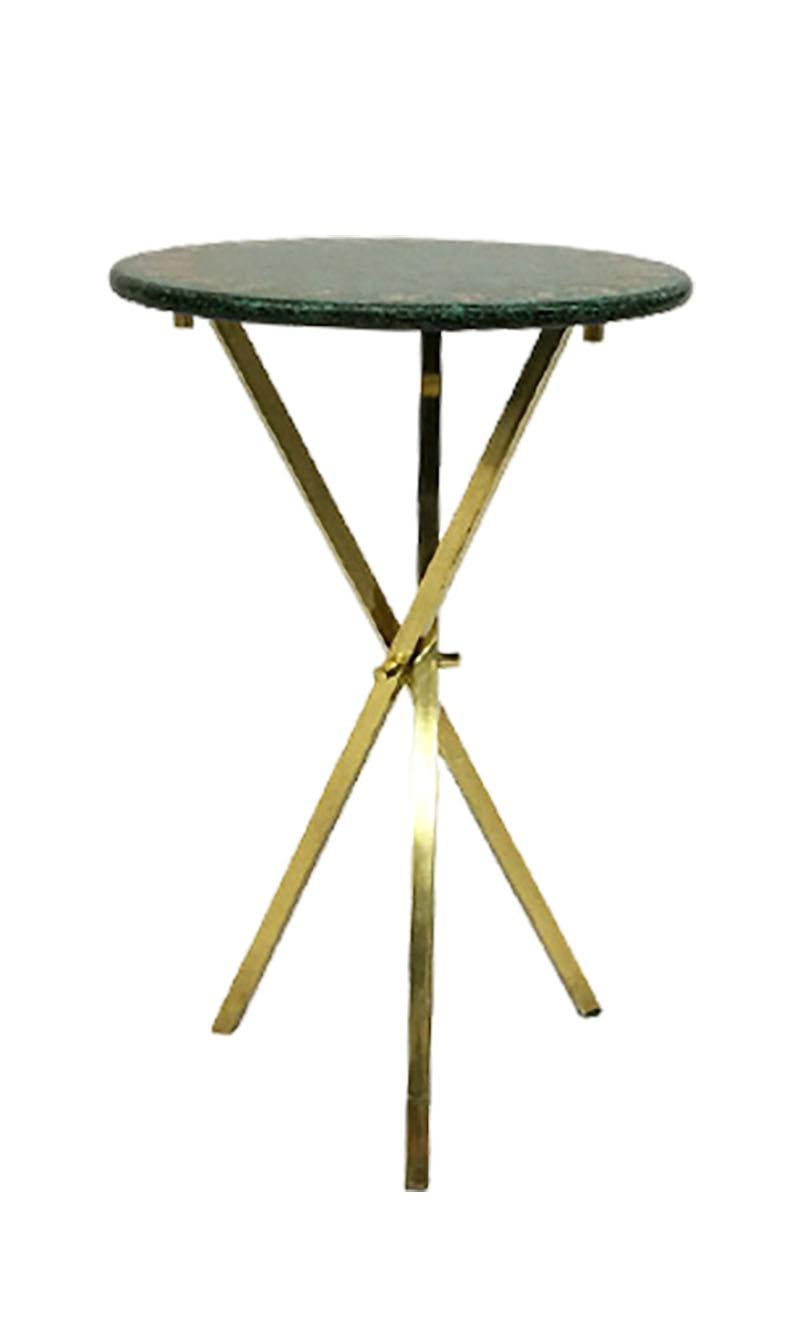 
Piero Fornasetti Italian Green Side Table, 1960s

Piero Fornasetti (1913-1988) 
An Italian brass tripod wood and metal enamel with Roman cameo coin in a circle design side table
The table shows age wear

The measurements are 36 diagonal and