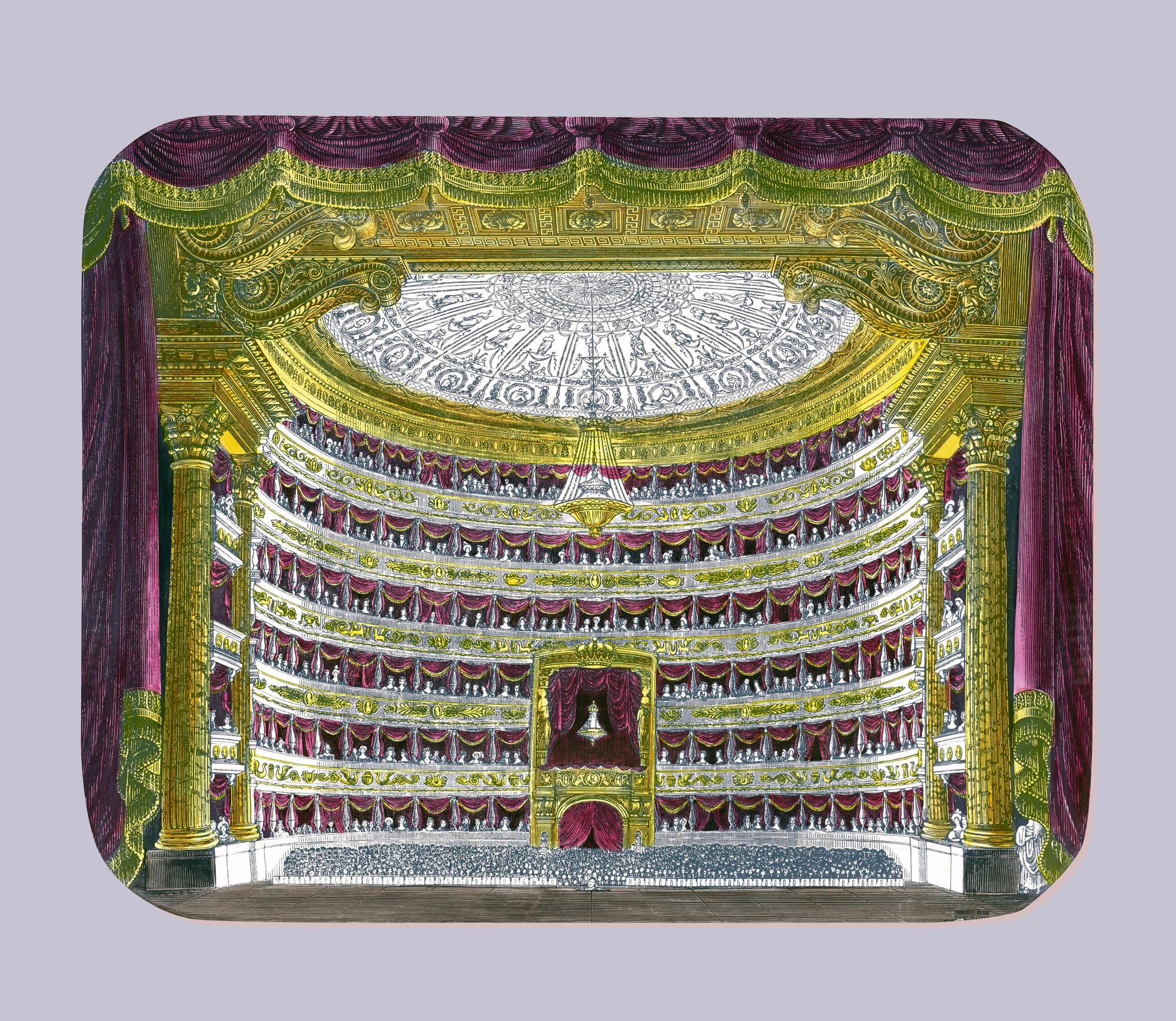 Piero Fornasetti large tray La Scala Opera House
Painted by Hand,
Teatro alla Scala
1955

The tray depicts the opera house as viewed from the stage looking out over the multiple steps of seating and the dramatic ceiling.

Dimensions: 19