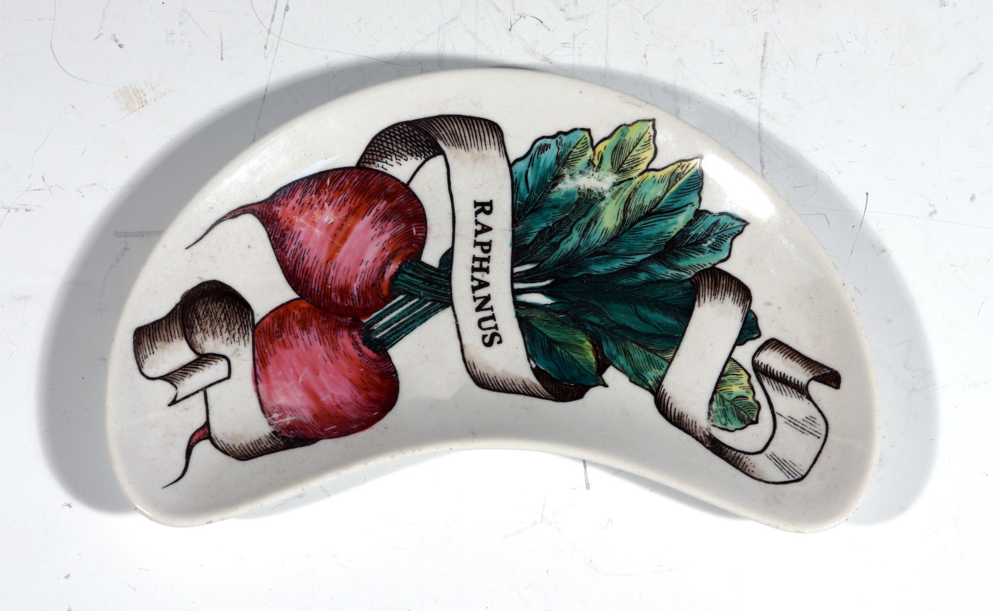 Mid-Century Modern Piero Fornasetti Legumi Pattern Demi-lune Salad Dishes, Set of Seven For Sale