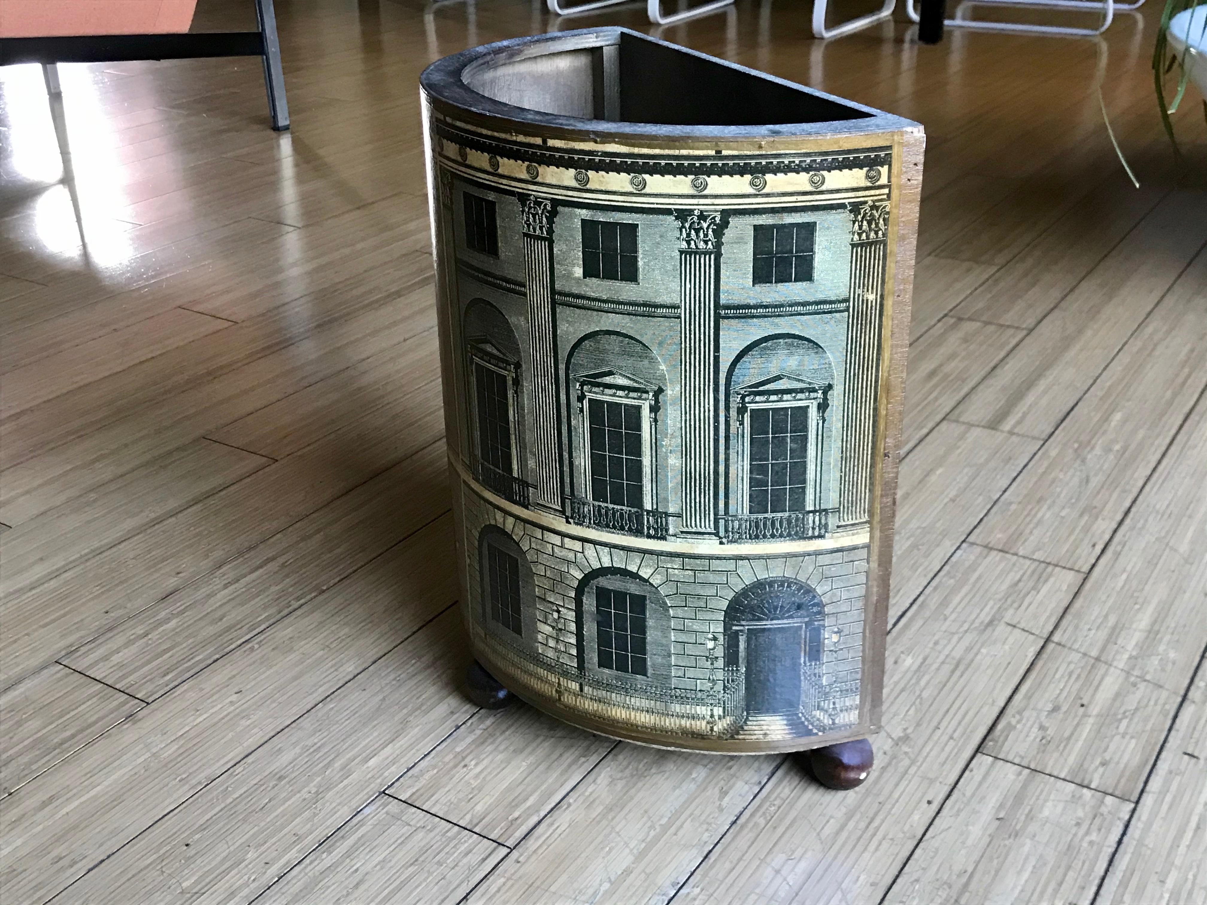 Italian Piero Fornasetti Litho + Wood Waste Paper Bin, 1940's