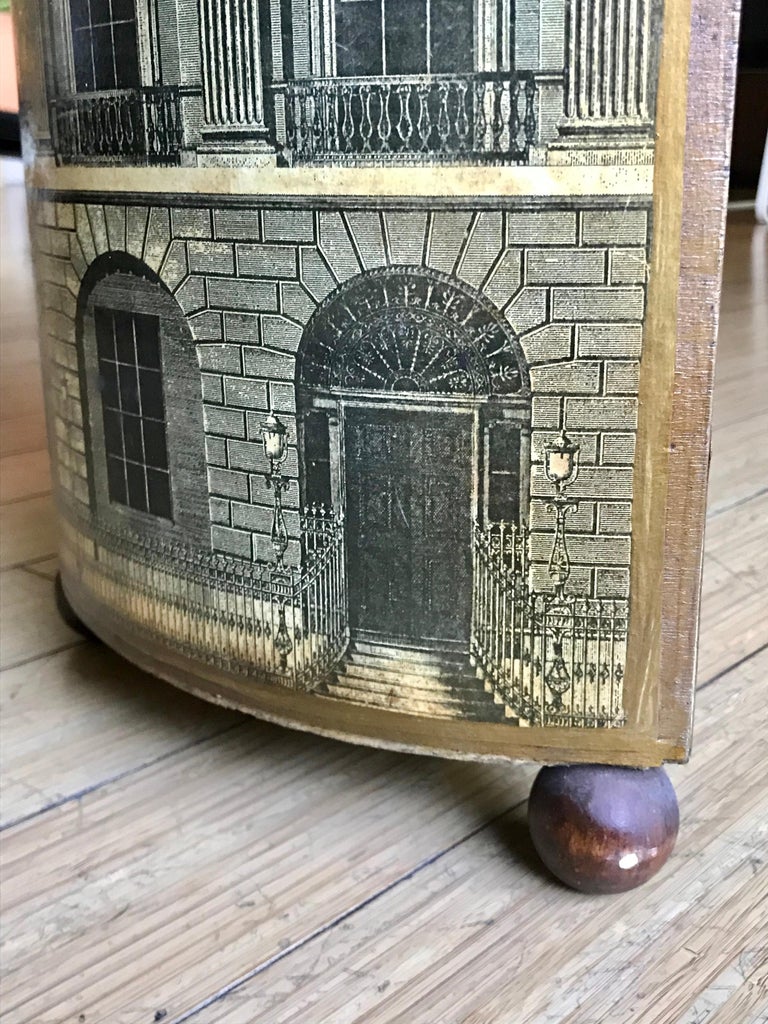 Piero Fornasetti Litho + Wood Waste Paper Bin, 1940's In Good Condition For Sale In Los Angeles, CA