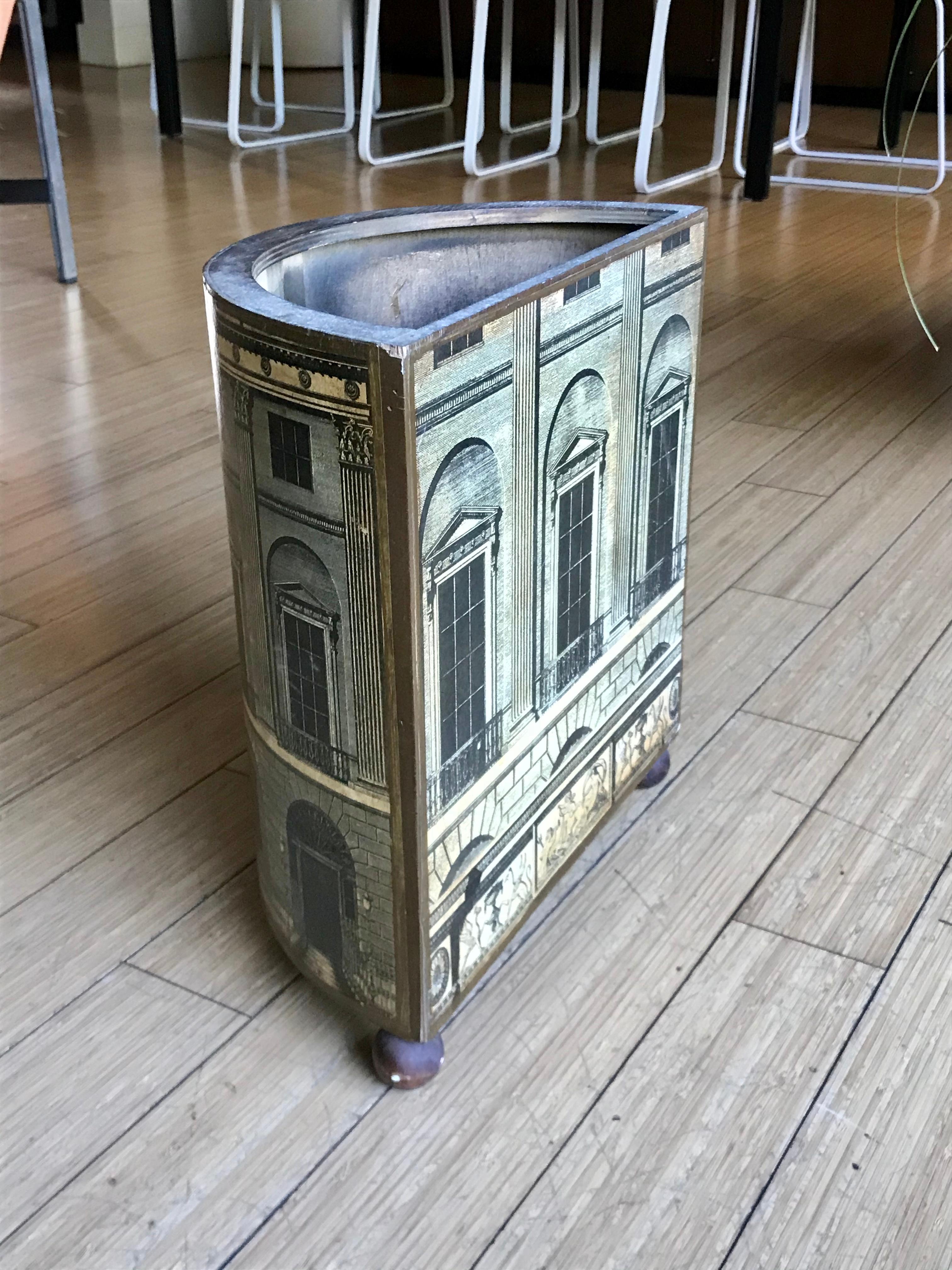 20th Century Piero Fornasetti Litho + Wood Waste Paper Bin, 1940's