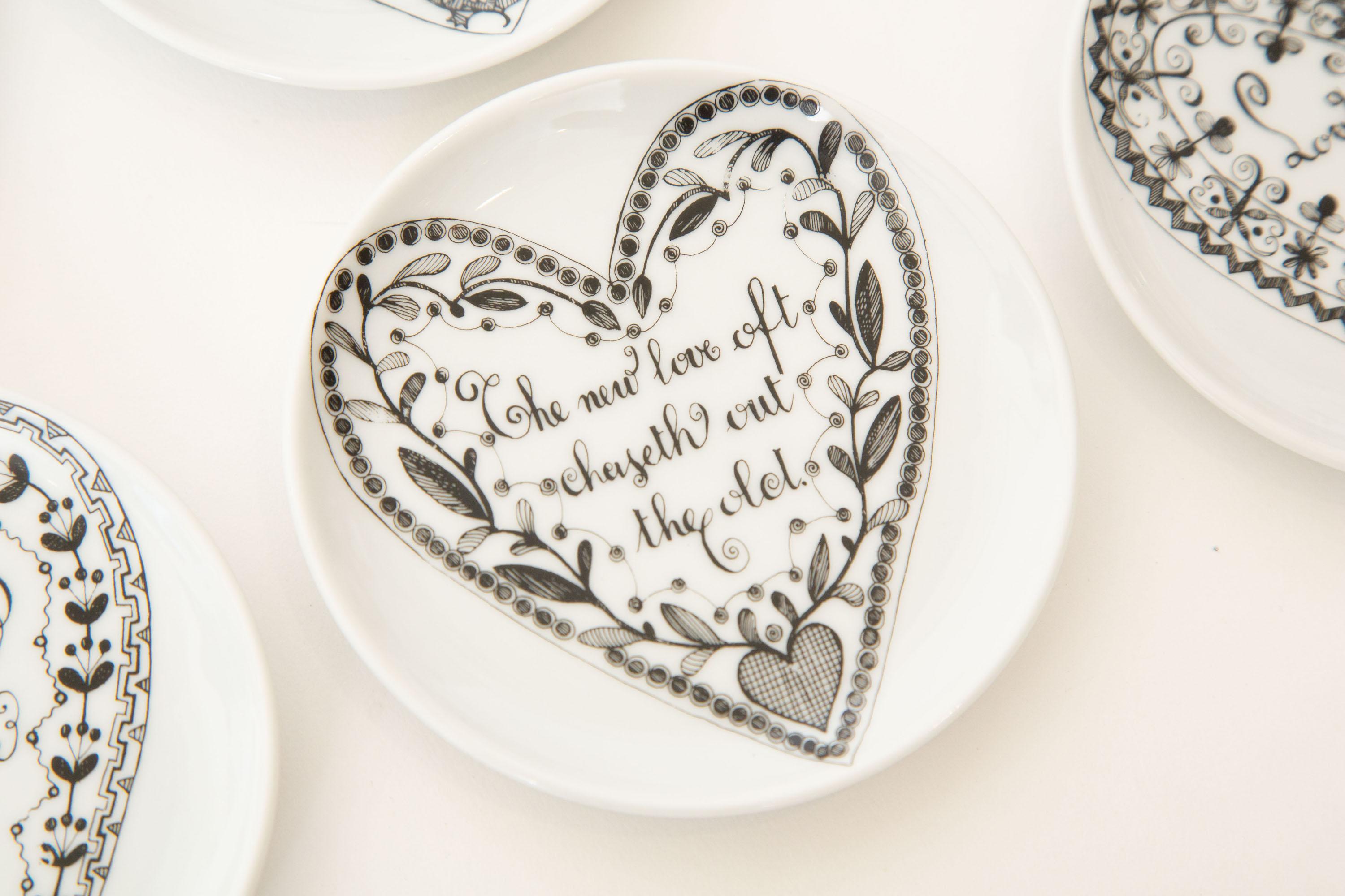 Piero Fornasetti Black and White Love Porcelain Coasters or Small Plates Set /8 5