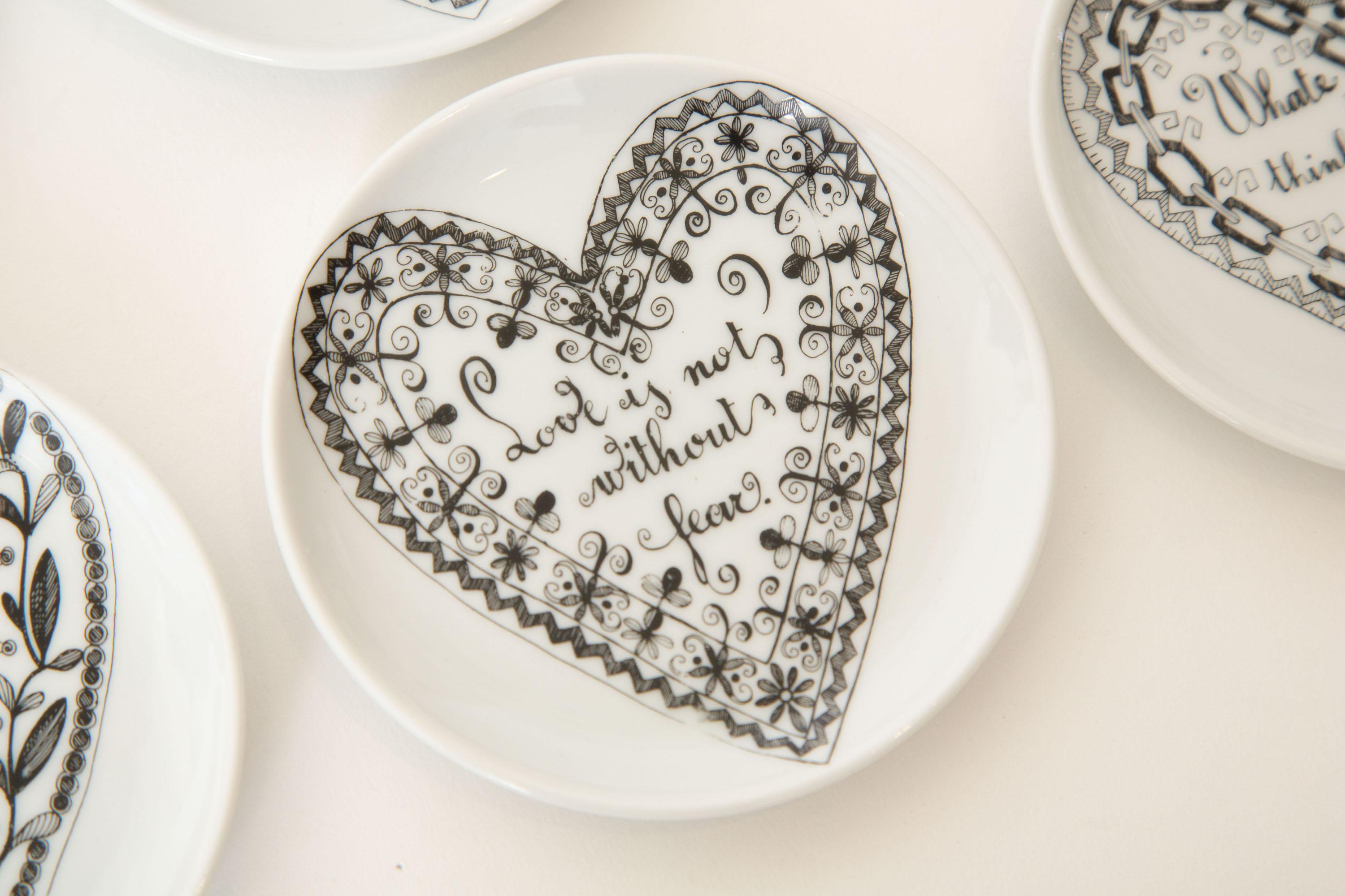 Piero Fornasetti Black and White Love Porcelain Coasters or Small Plates Set /8 6