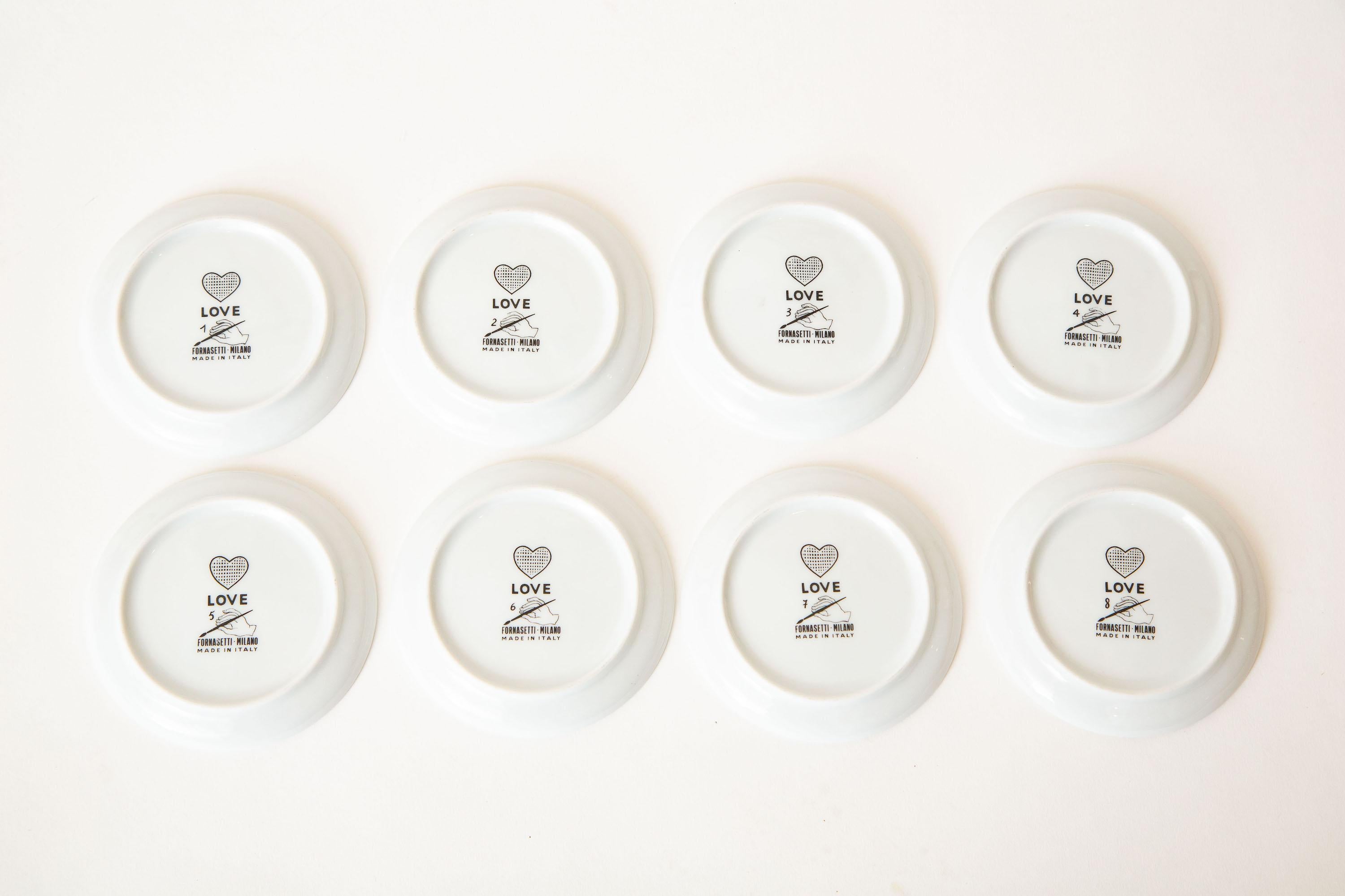 Piero Fornasetti Black and White Love Porcelain Coasters or Small Plates Set /8 10