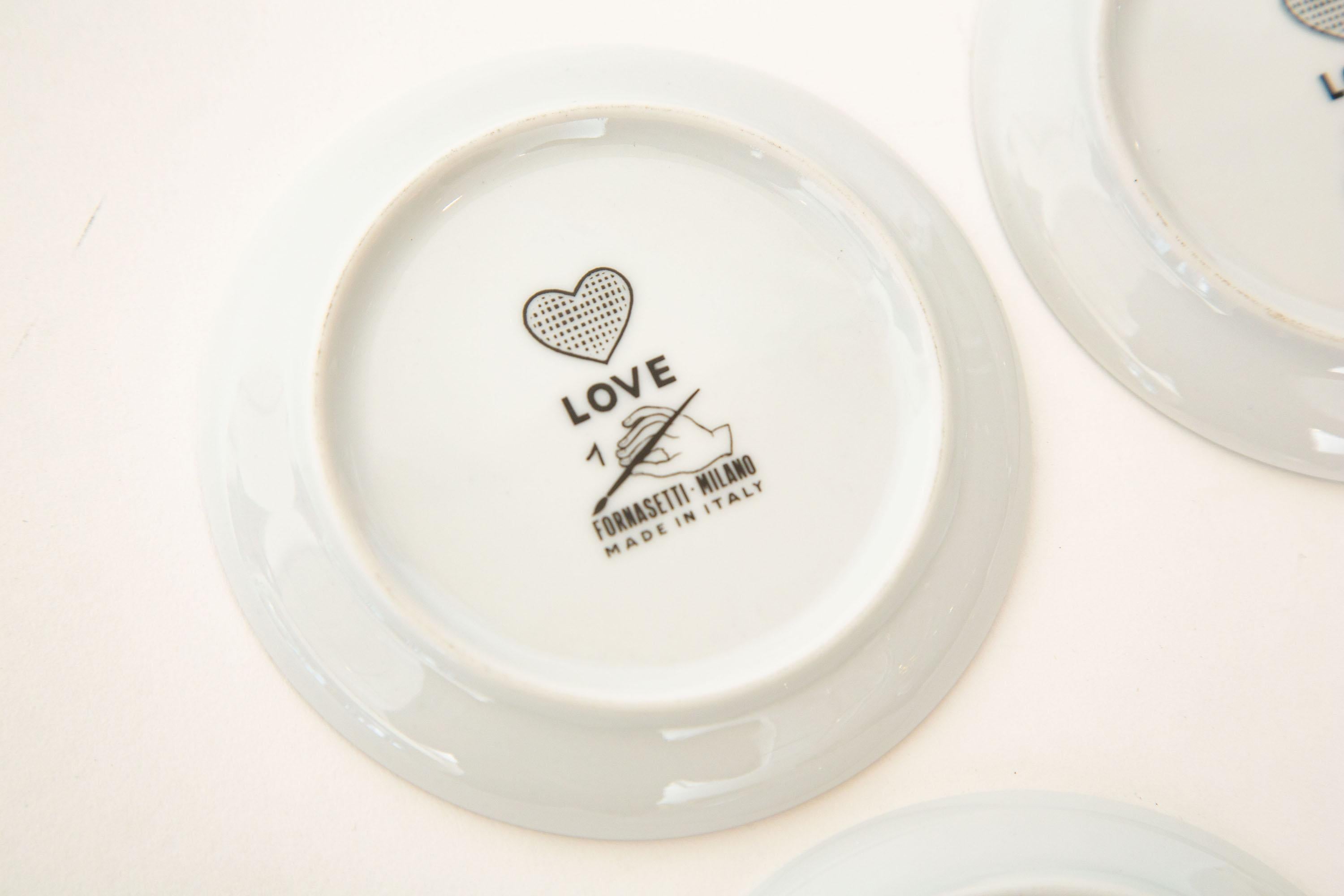 Piero Fornasetti Black and White Love Porcelain Coasters or Small Plates Set /8 12