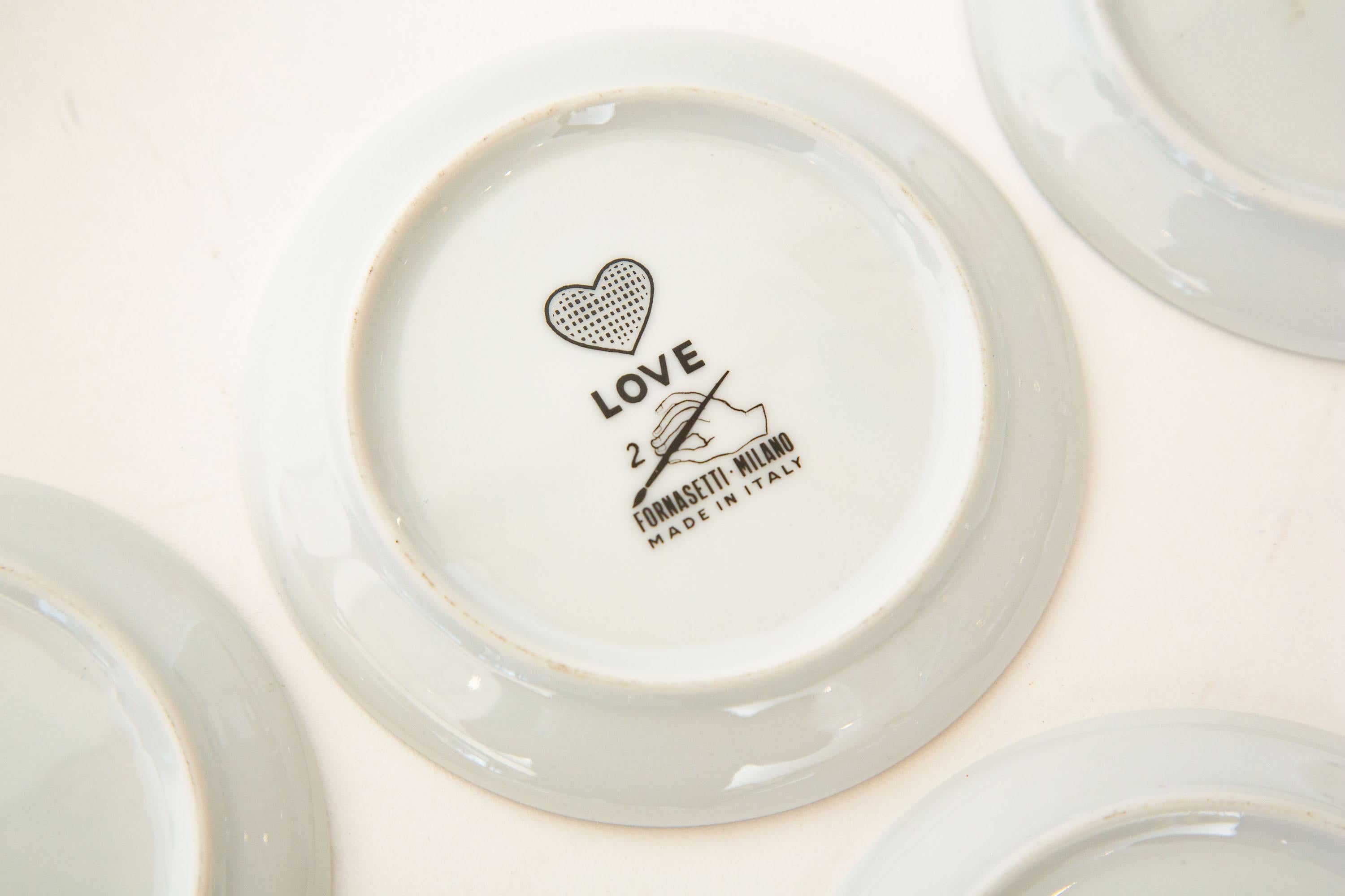 Piero Fornasetti Black and White Love Porcelain Coasters or Small Plates Set /8 13
