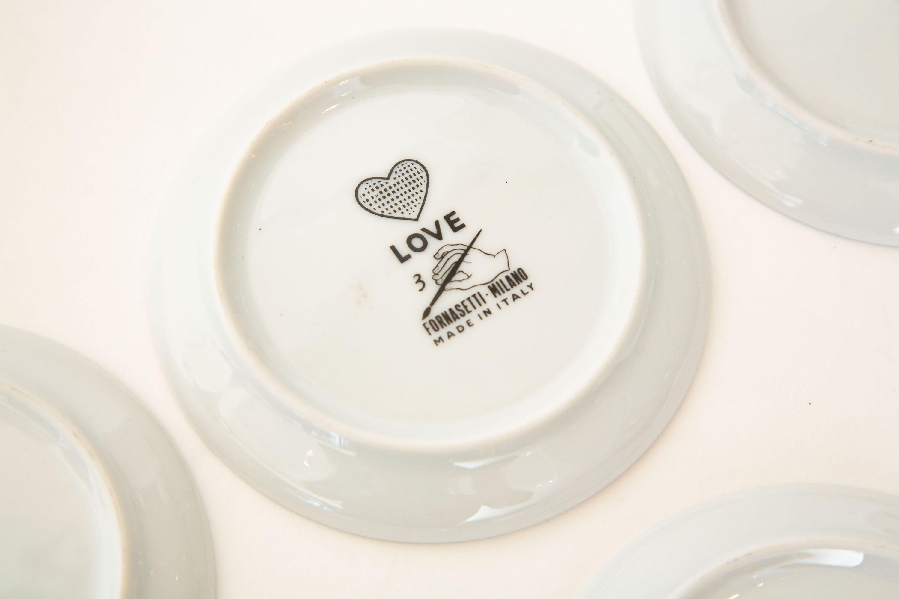 Piero Fornasetti Black and White Love Porcelain Coasters or Small Plates Set /8 14