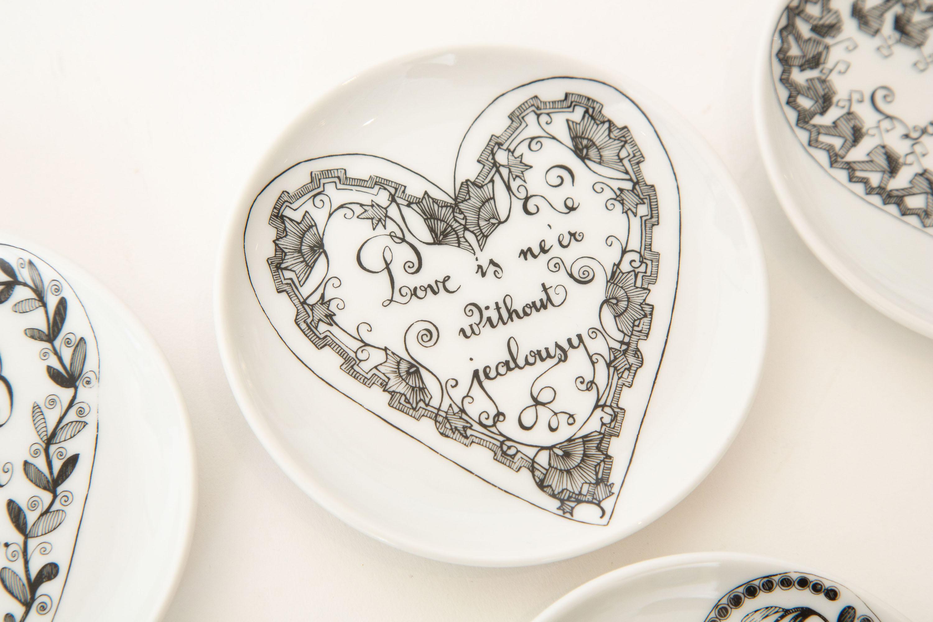 Piero Fornasetti Black and White Love Porcelain Coasters or Small Plates Set /8 1