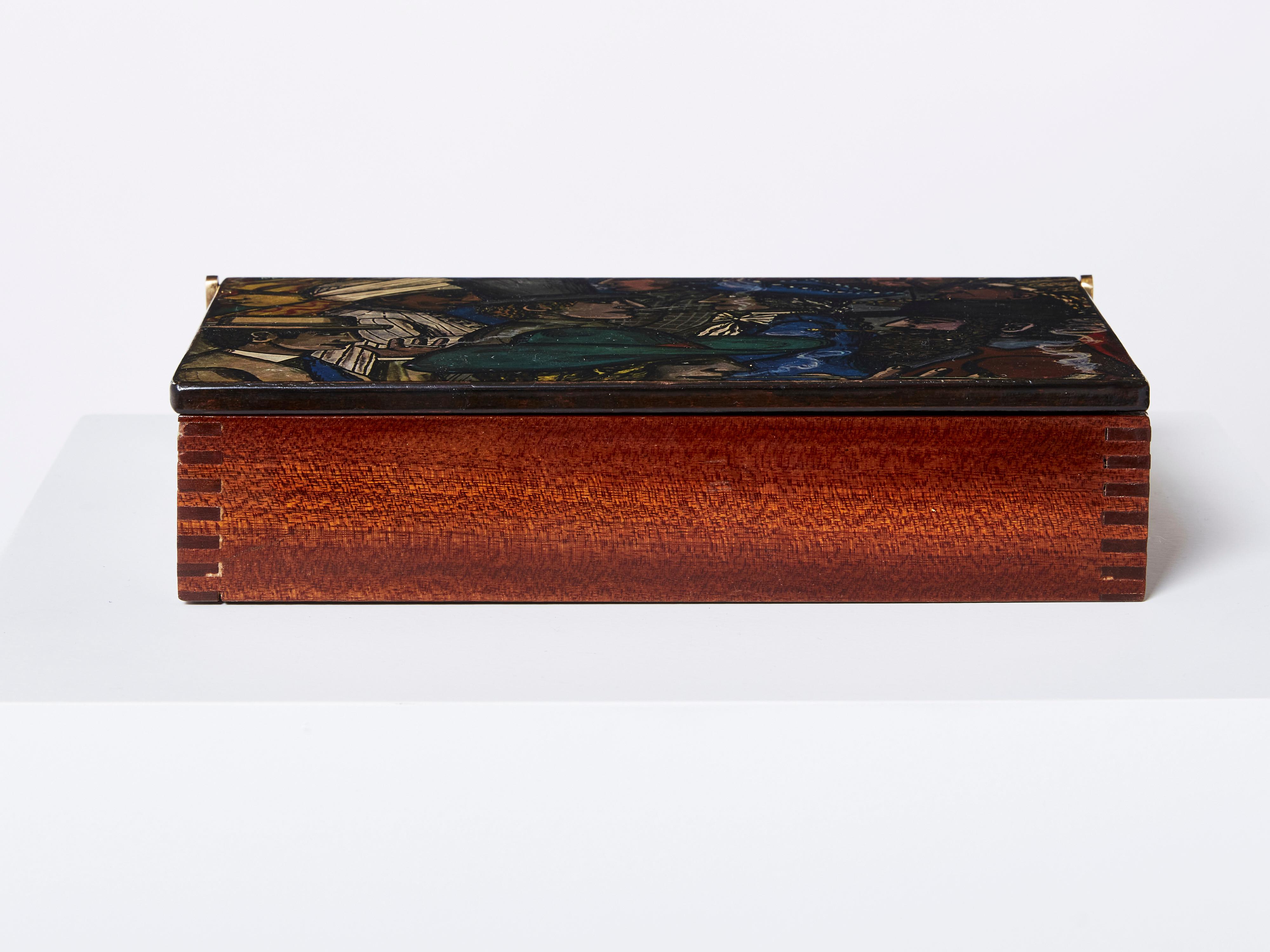 Italian Piero Fornasetti Mahogany Painted Wood Box 1950 For Sale