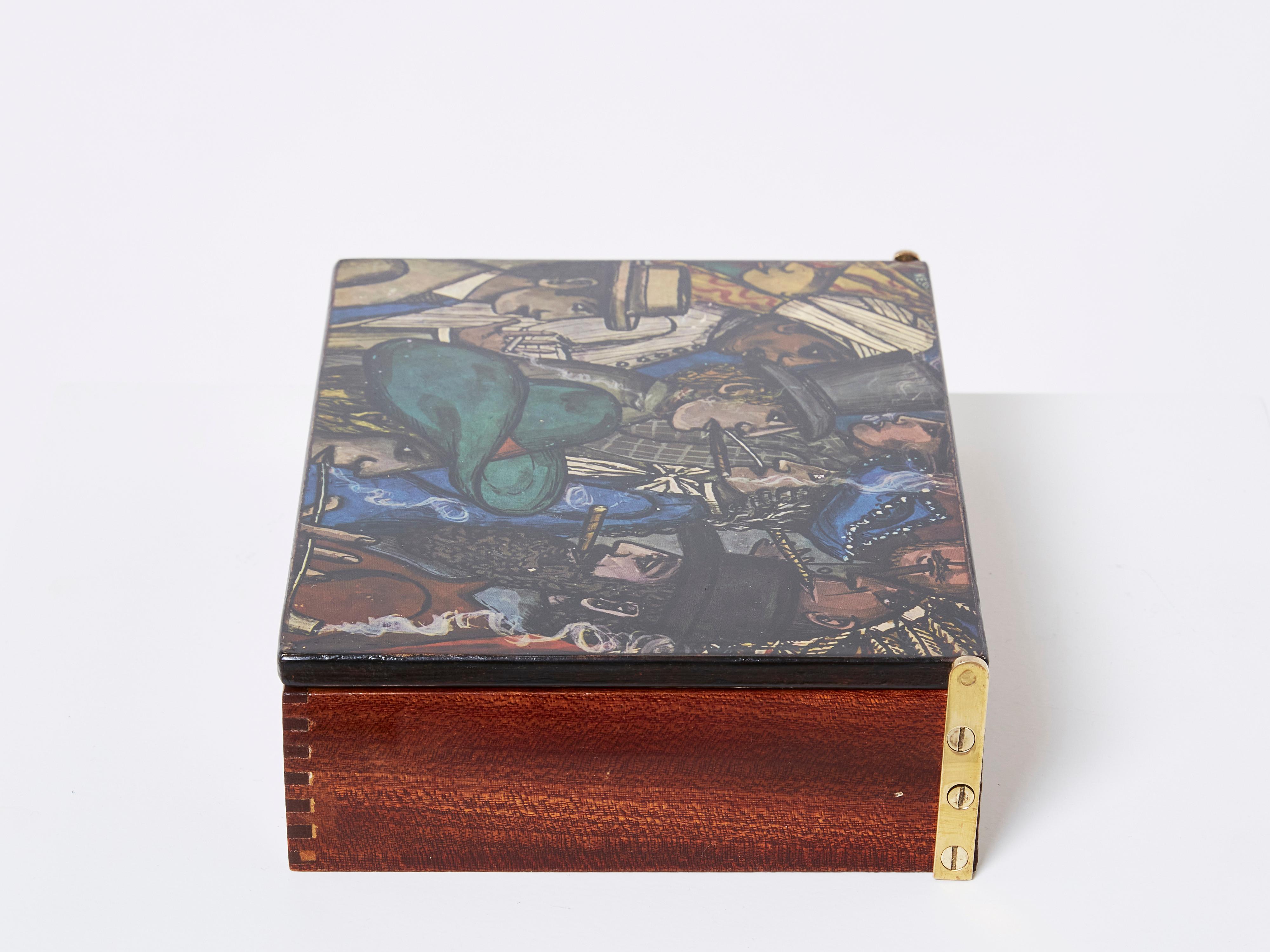 Caja de madera pintada de caoba 1950 mediados del siglo XX en venta