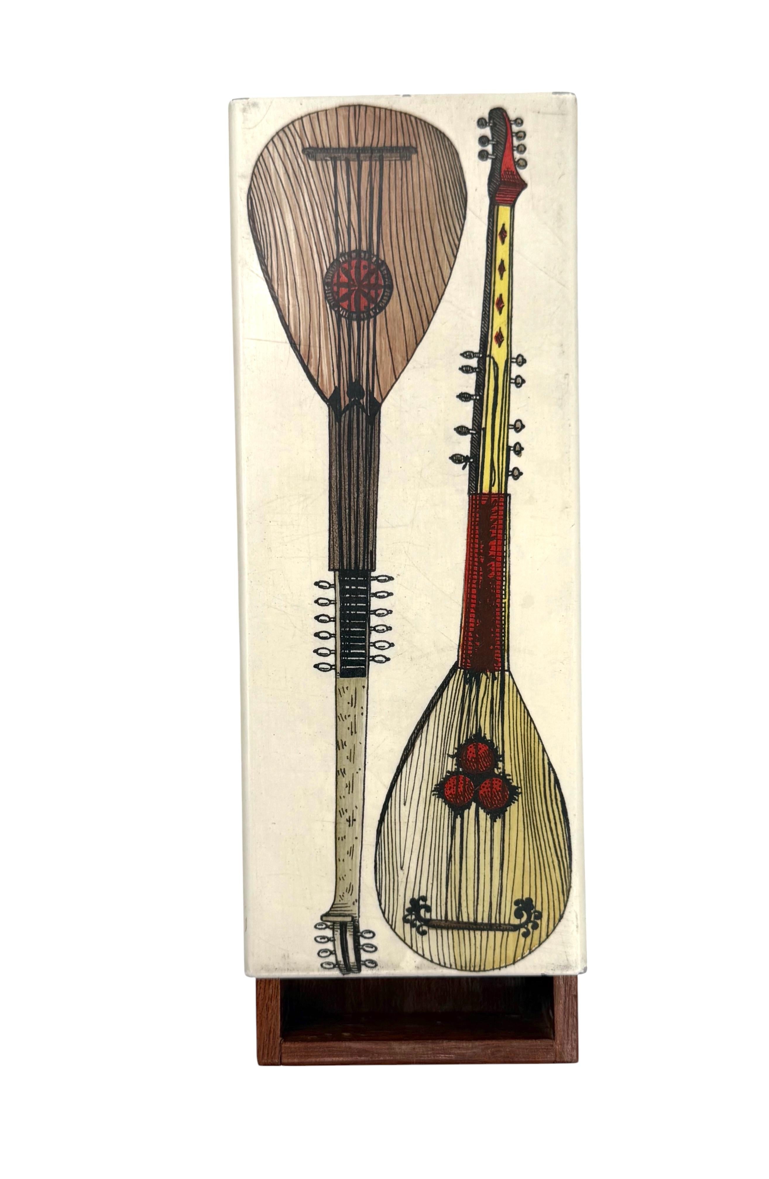 Metal Piero Fornasetti, mandolins cigars Box, Milan Italy, ca. 1960s For Sale