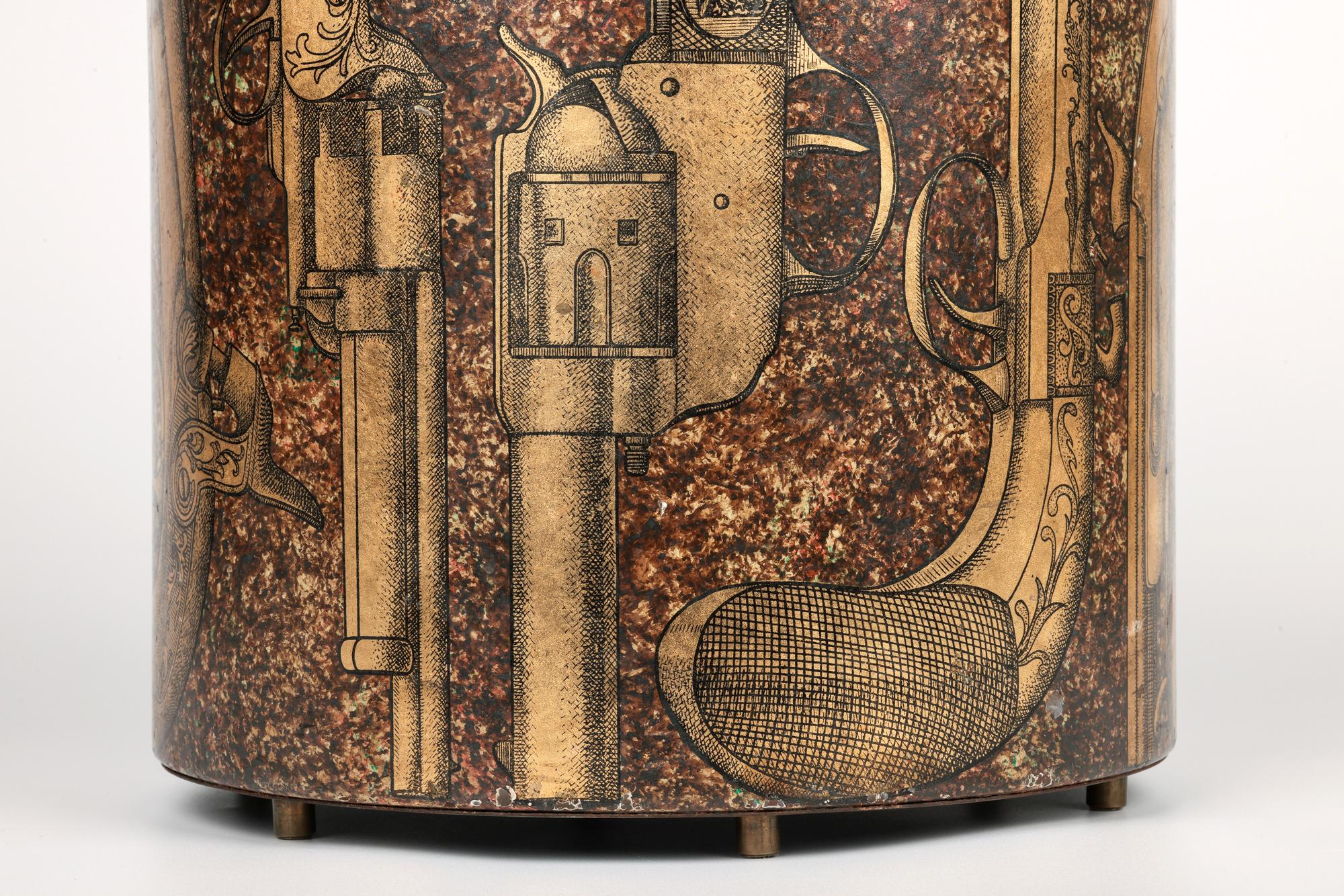 Italian Piero Fornasetti Mid-Century Pistole Pattern Metal Basket or Waste Bin For Sale