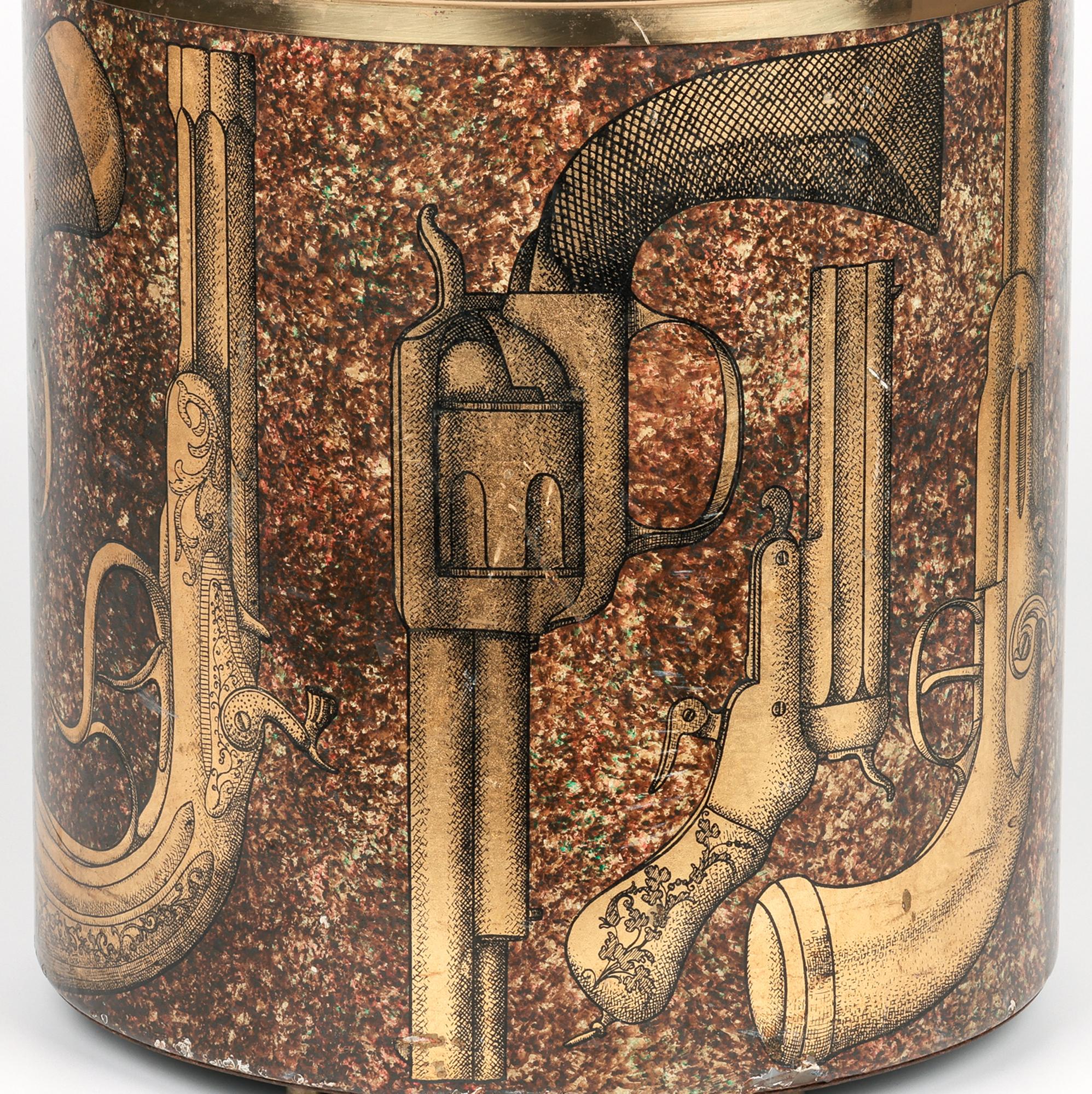 Lacquered Piero Fornasetti Mid-Century Pistole Pattern Metal Basket or Waste Bin For Sale